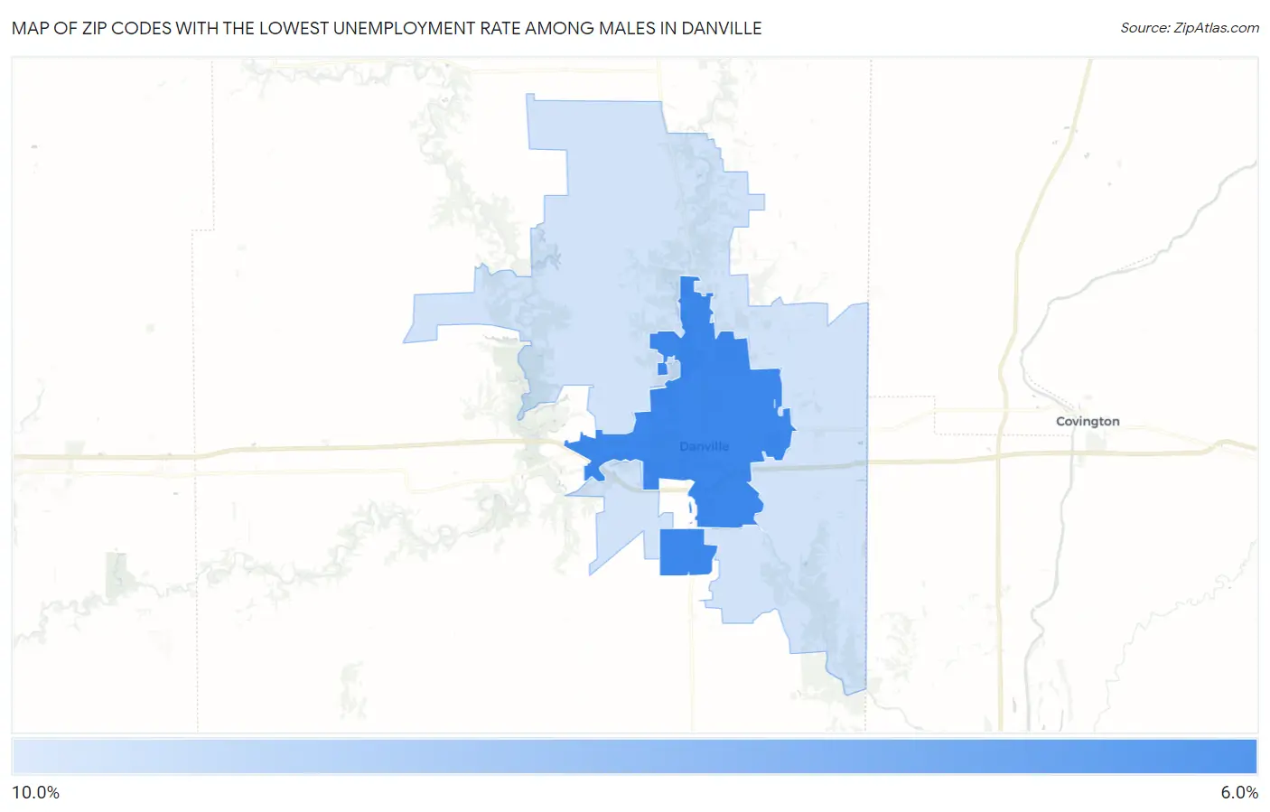 Zip Codes with the Lowest Unemployment Rate Among Males in Danville Map