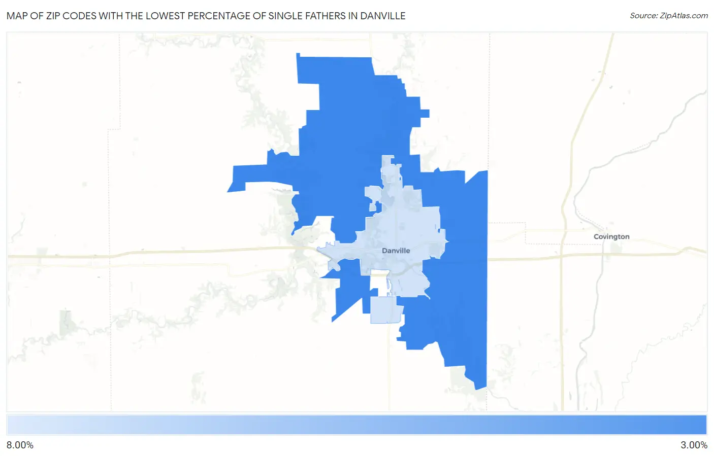 Zip Codes with the Lowest Percentage of Single Fathers in Danville Map