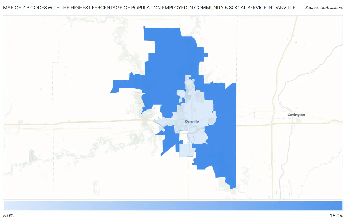 Zip Codes with the Highest Percentage of Population Employed in Community & Social Service  in Danville Map