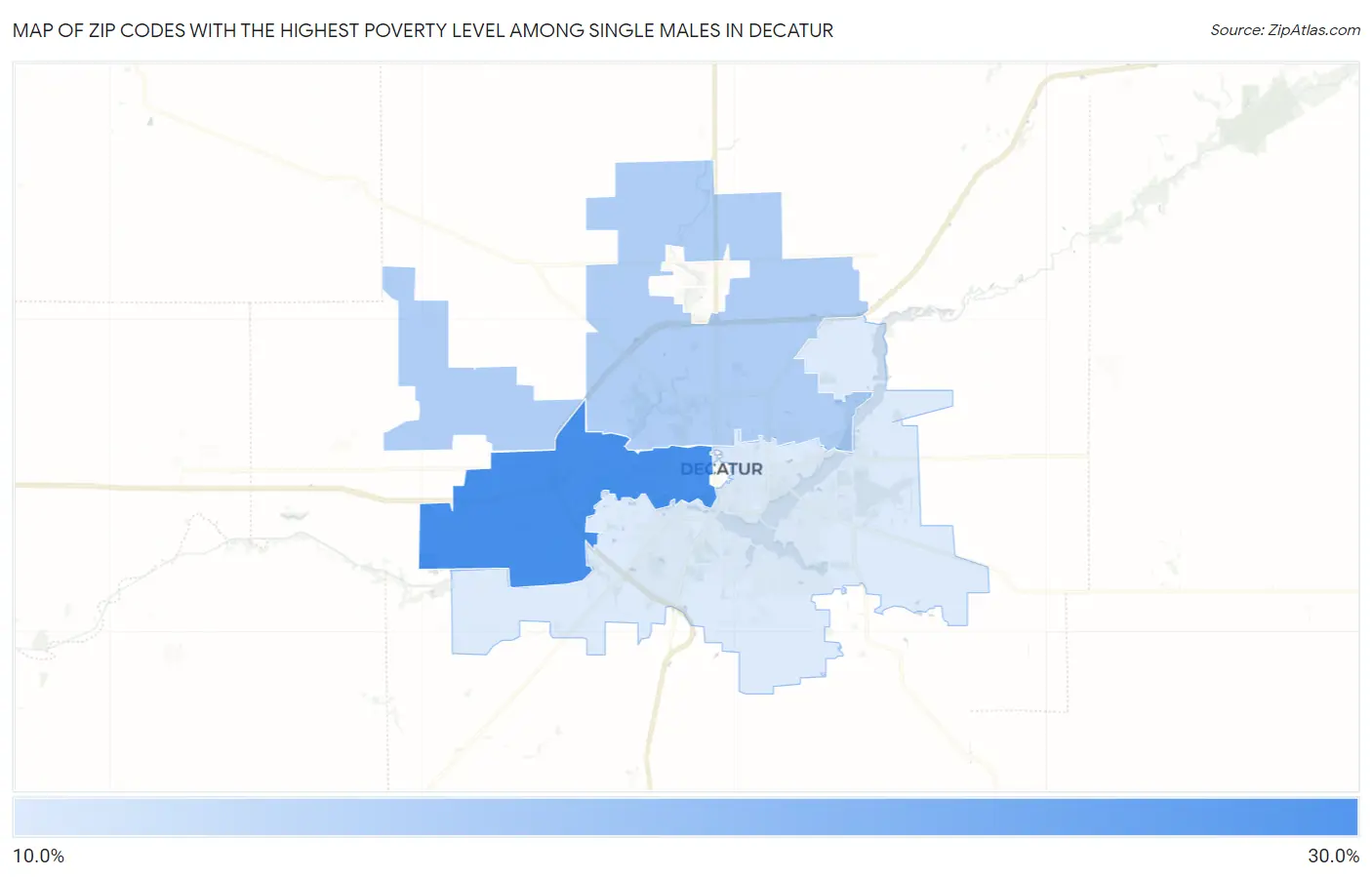 Zip Codes with the Highest Poverty Level Among Single Males in Decatur Map