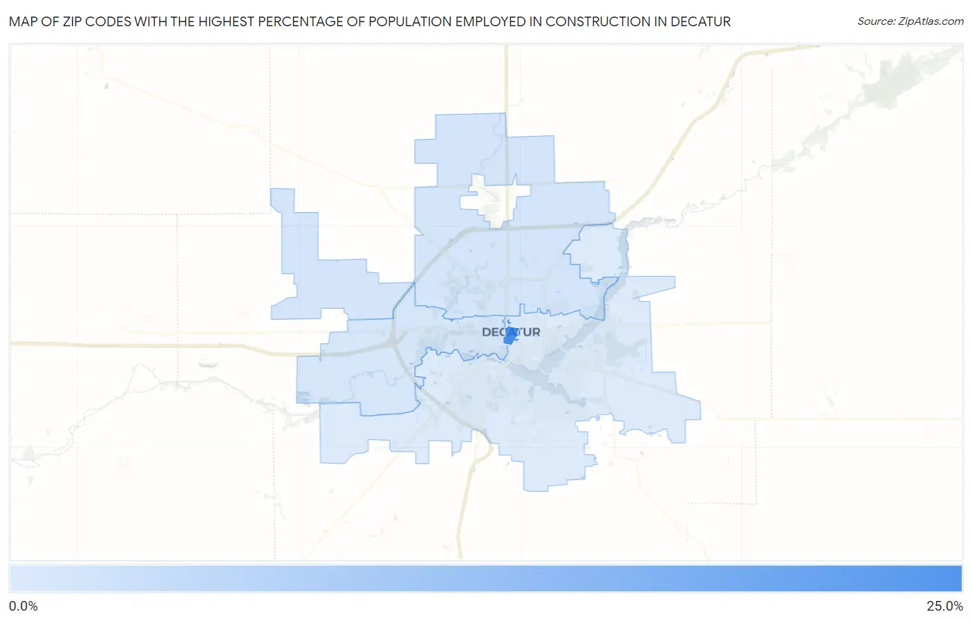Zip Codes with the Highest Percentage of Population Employed in Construction in Decatur Map