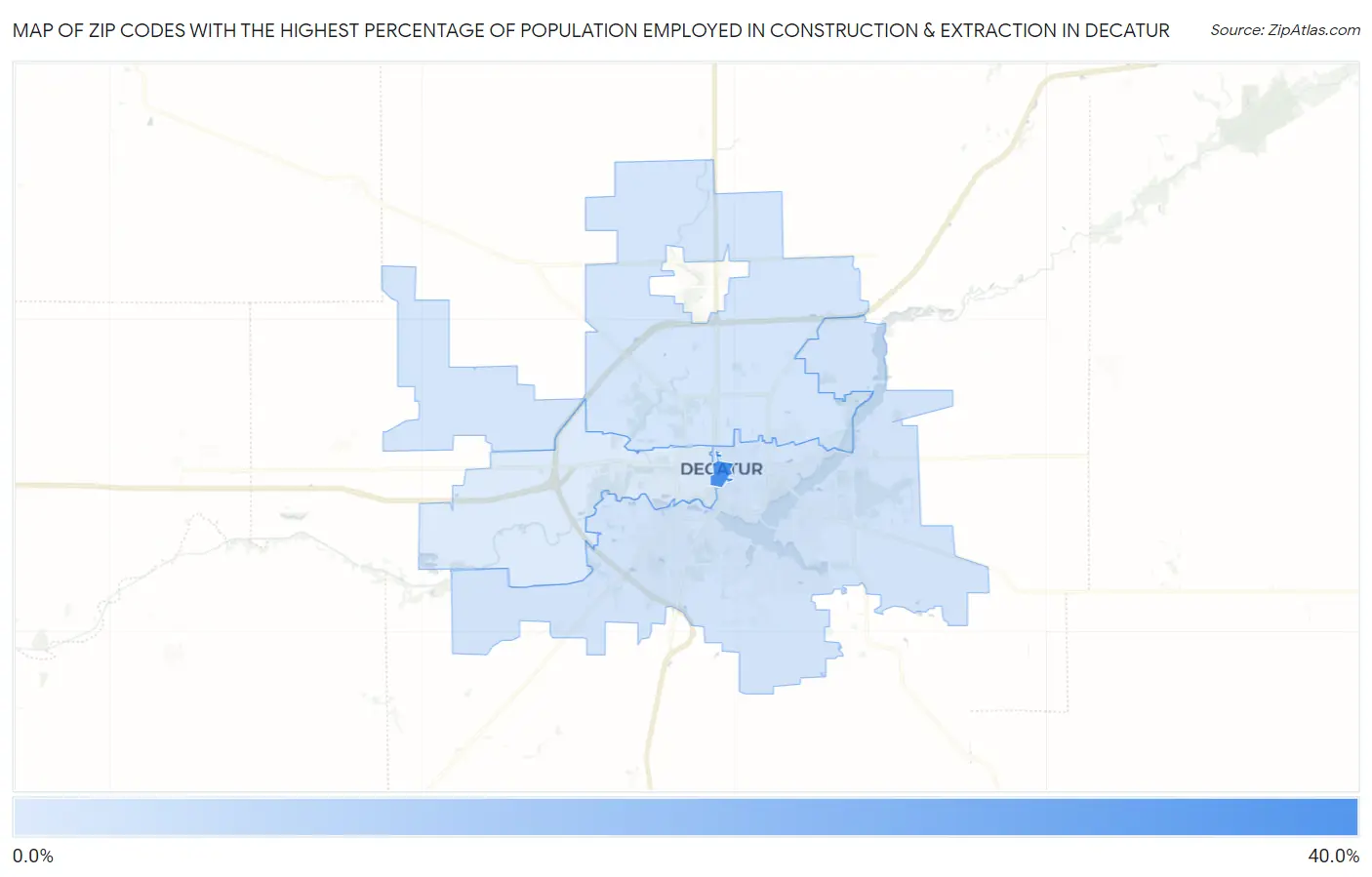 Zip Codes with the Highest Percentage of Population Employed in Construction & Extraction in Decatur Map