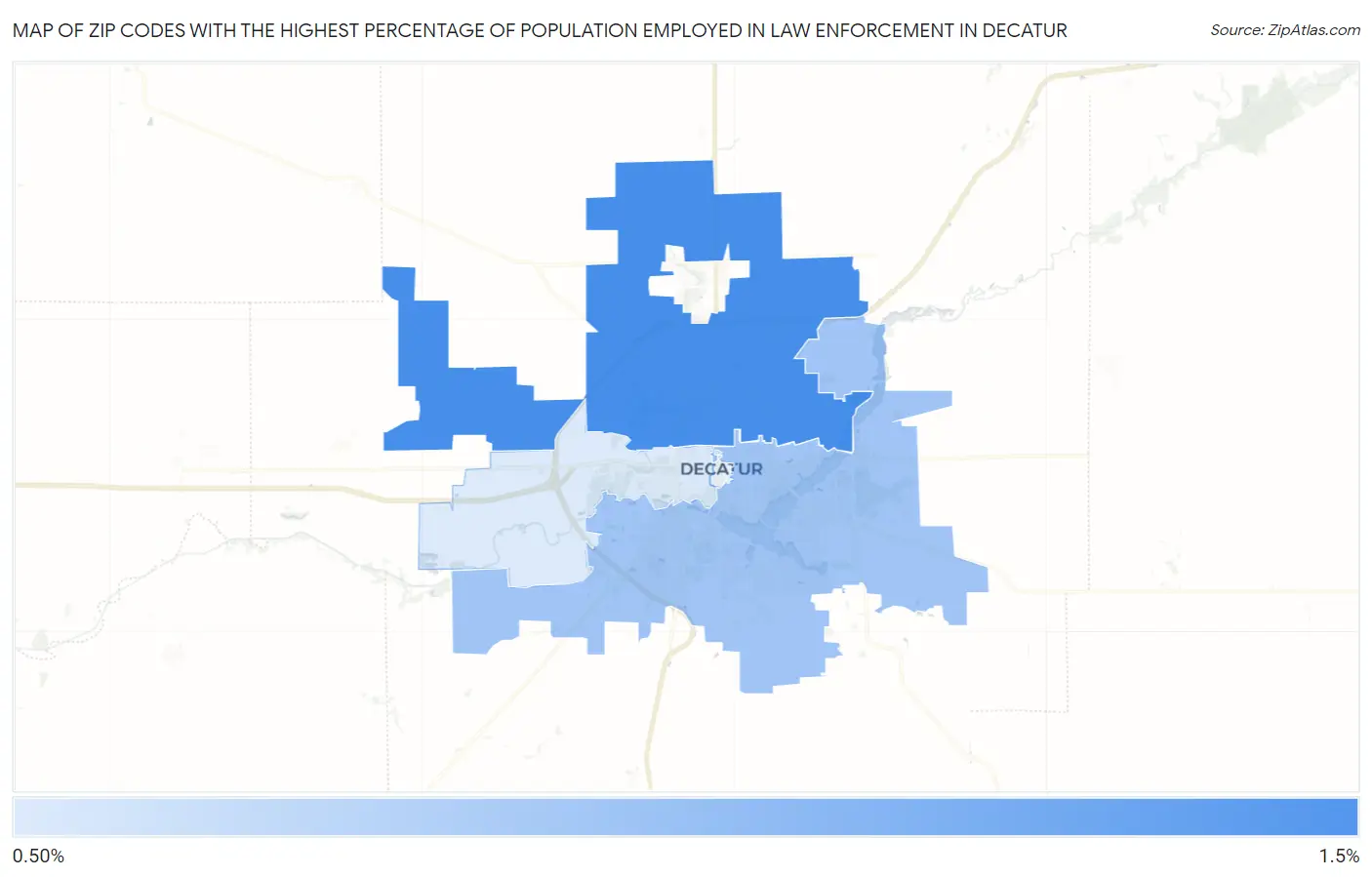 Zip Codes with the Highest Percentage of Population Employed in Law Enforcement in Decatur Map