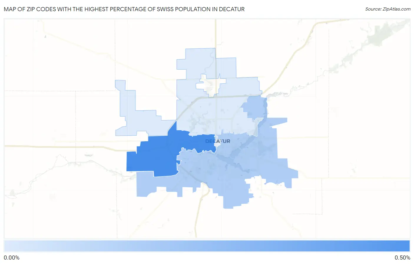 Zip Codes with the Highest Percentage of Swiss Population in Decatur Map