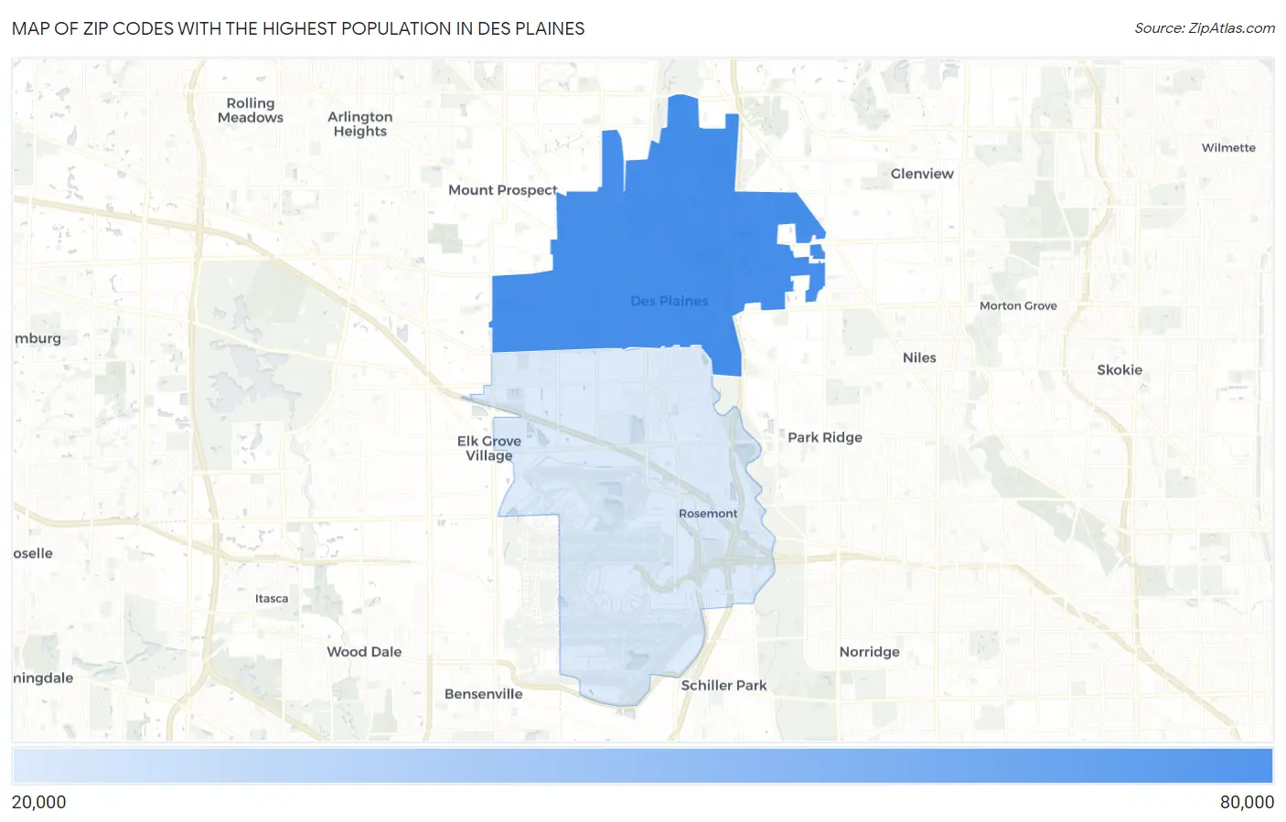 Zip Codes with the Highest Population in Des Plaines Map