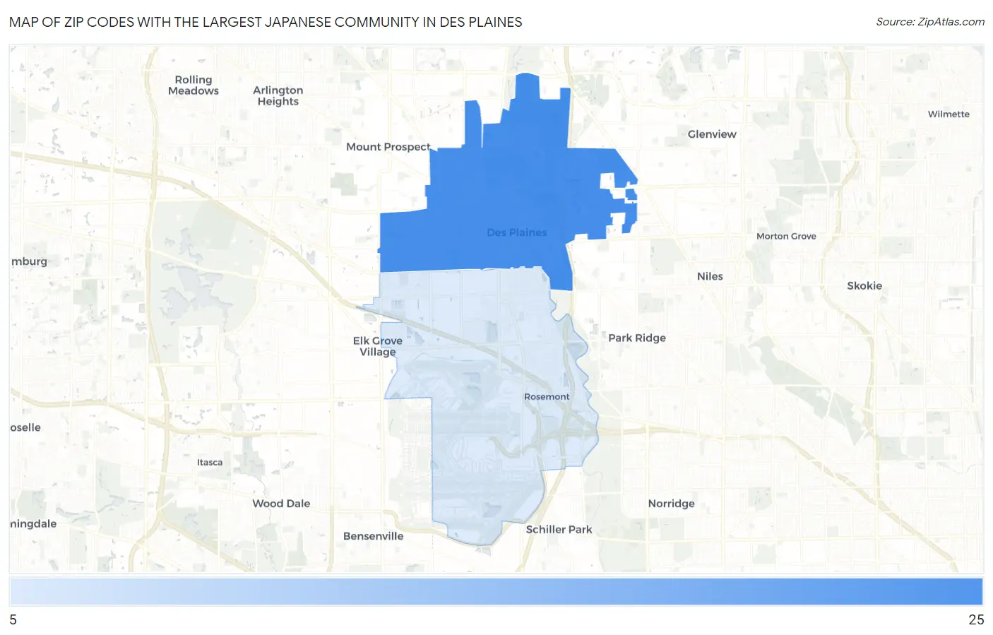 Zip Codes with the Largest Japanese Community in Des Plaines Map