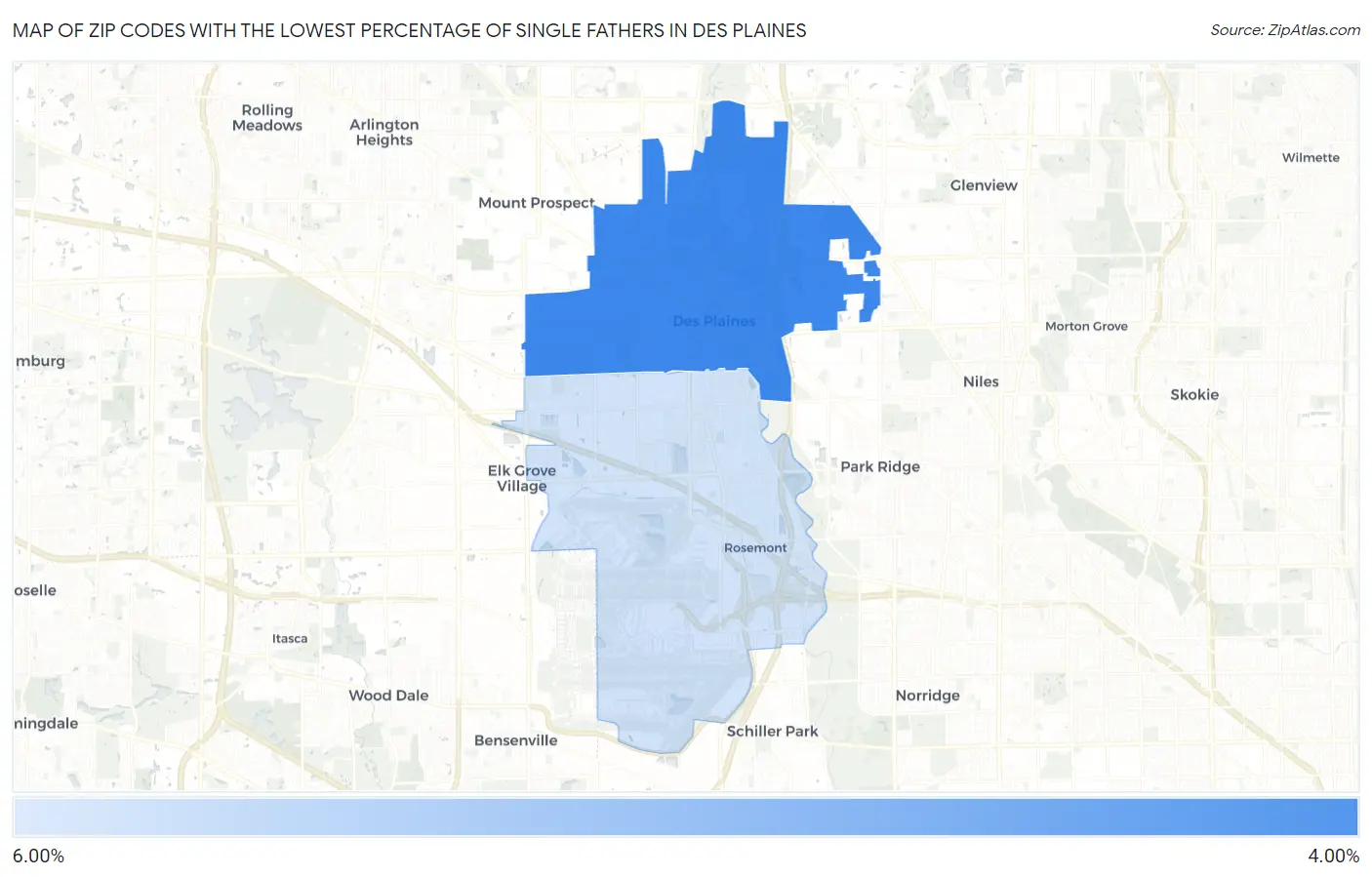Zip Codes with the Lowest Percentage of Single Fathers in Des Plaines Map