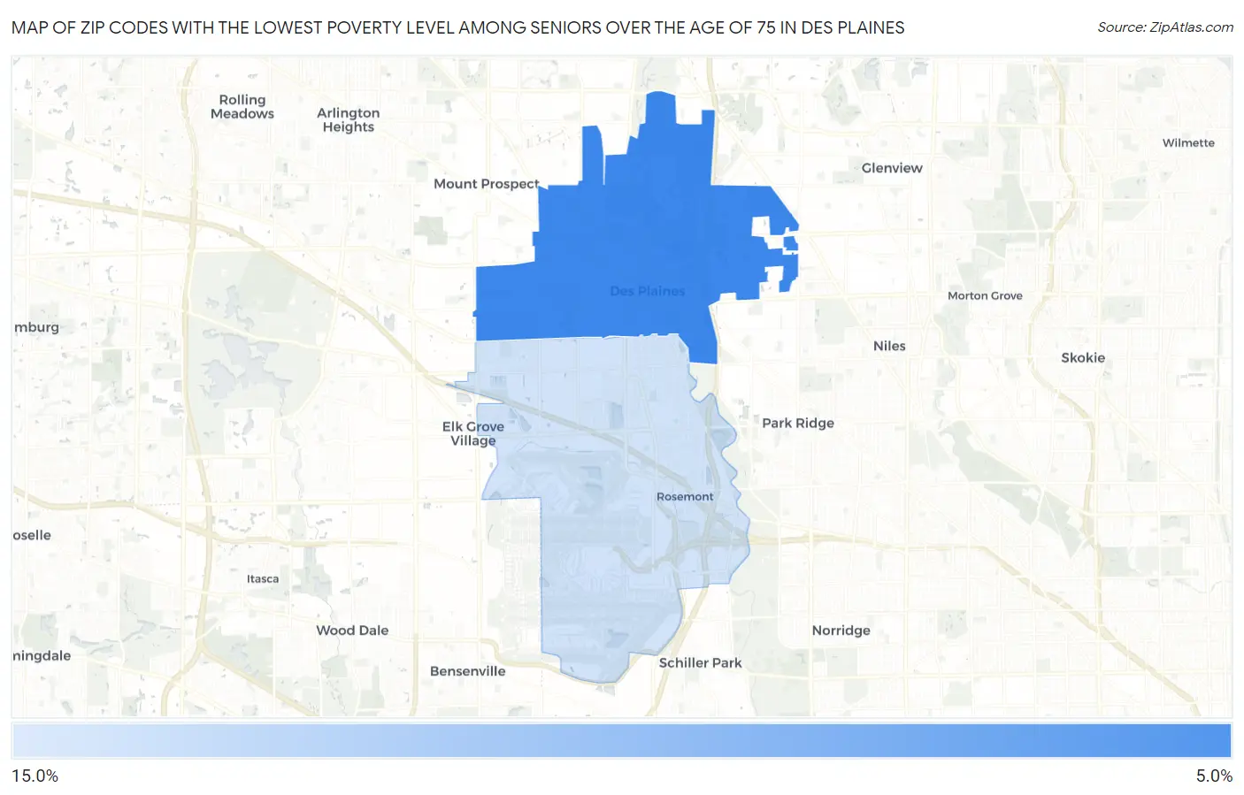 Zip Codes with the Lowest Poverty Level Among Seniors Over the Age of 75 in Des Plaines Map