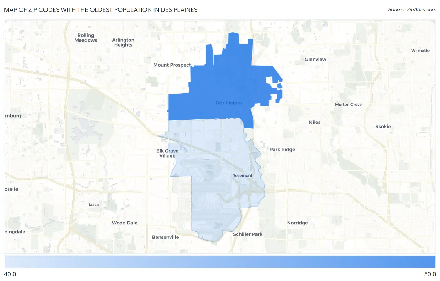 Zip Codes with the Oldest Population in Des Plaines Map