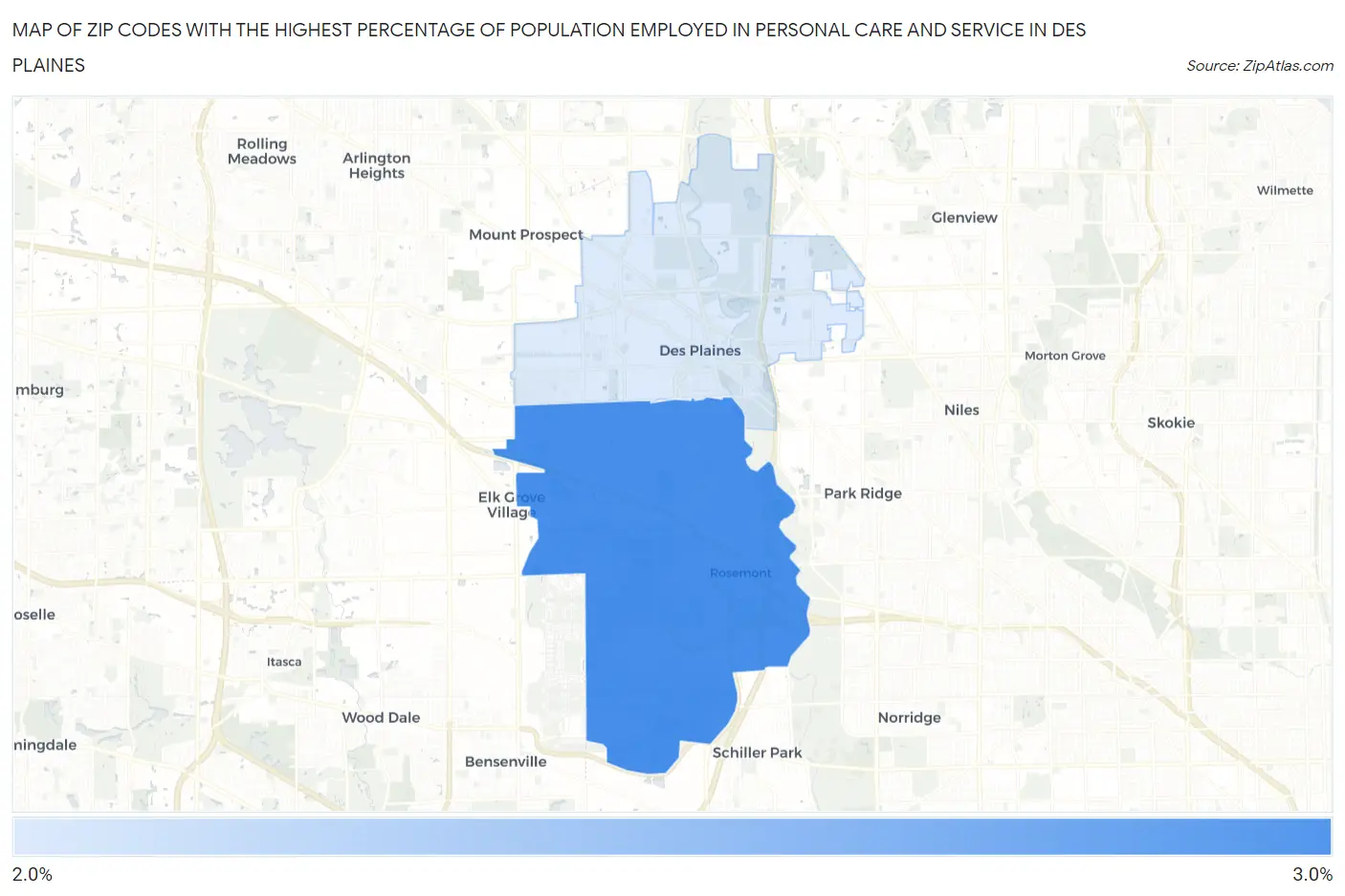 Zip Codes with the Highest Percentage of Population Employed in Personal Care and Service in Des Plaines Map