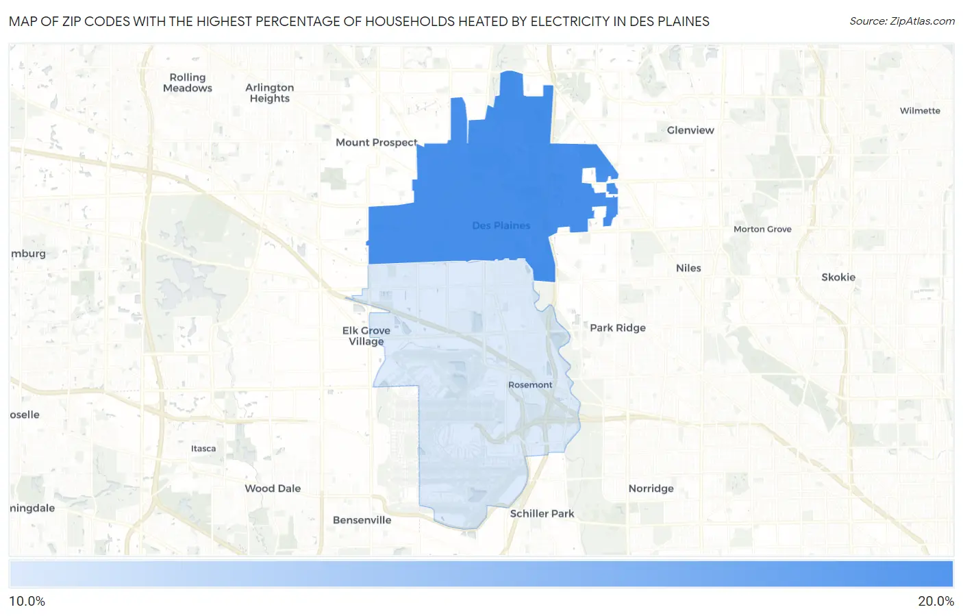 Zip Codes with the Highest Percentage of Households Heated by Electricity in Des Plaines Map