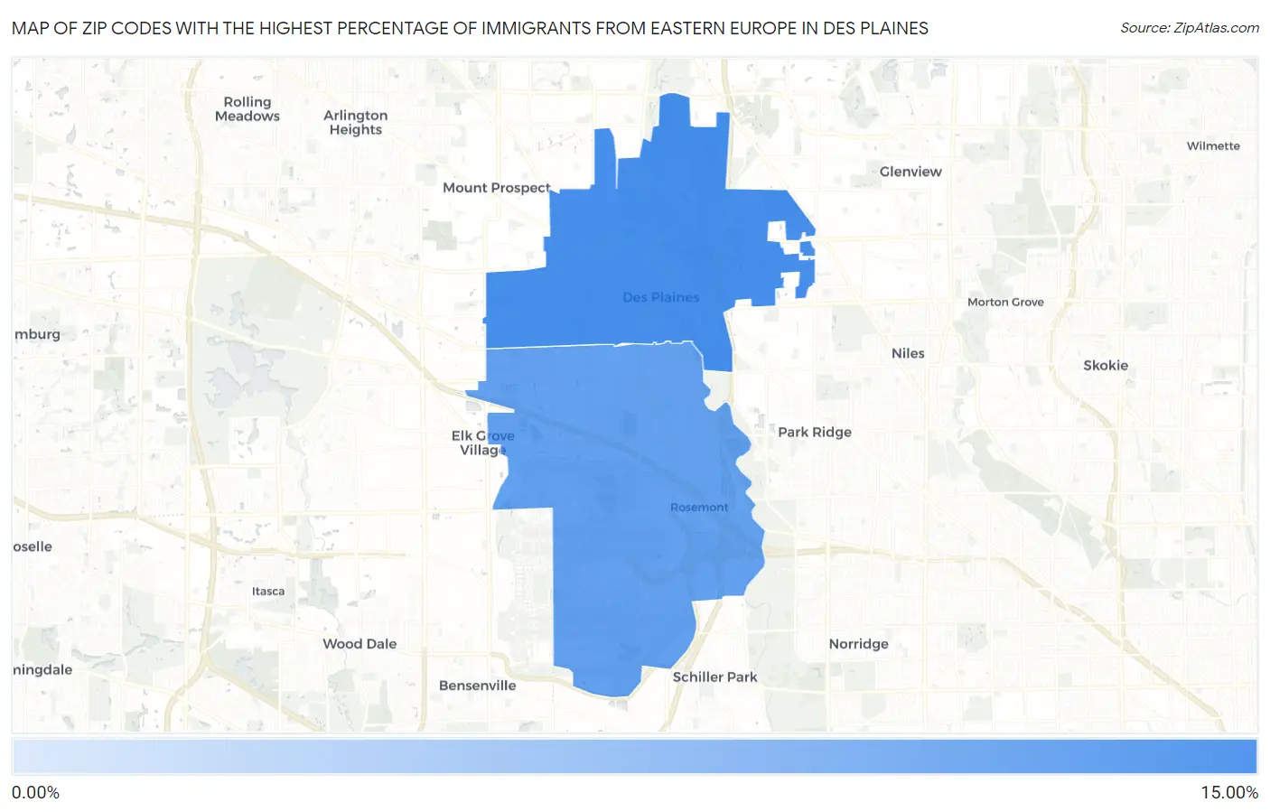 Zip Codes with the Highest Percentage of Immigrants from Eastern Europe in Des Plaines Map