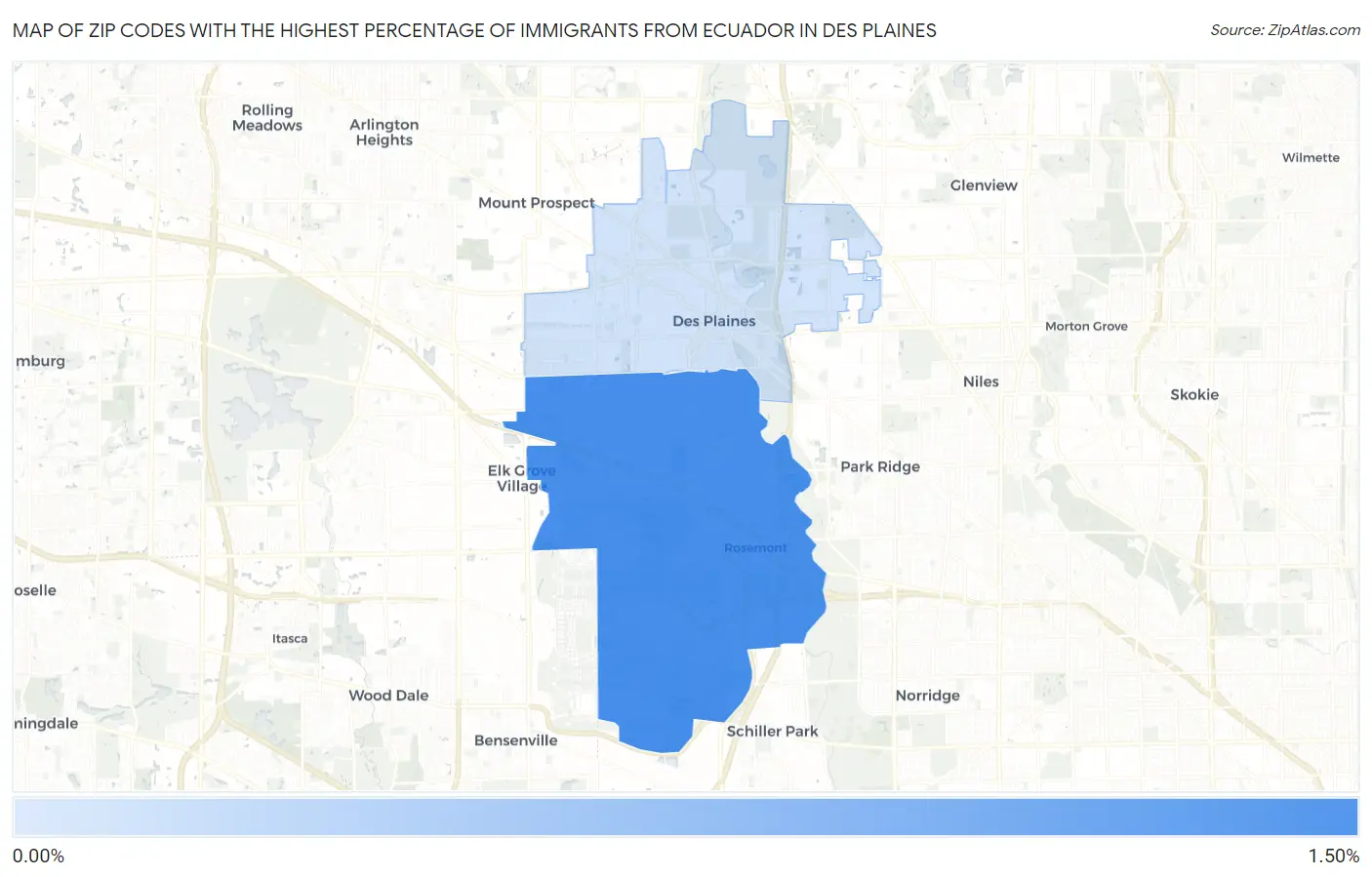 Zip Codes with the Highest Percentage of Immigrants from Ecuador in Des Plaines Map