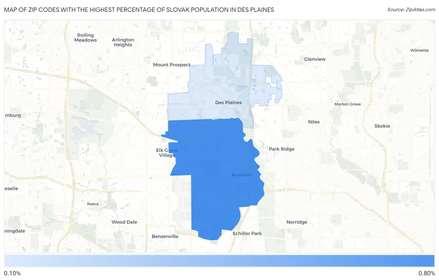 Zip Codes with the Highest Percentage of Slovak Population in Des Plaines Map