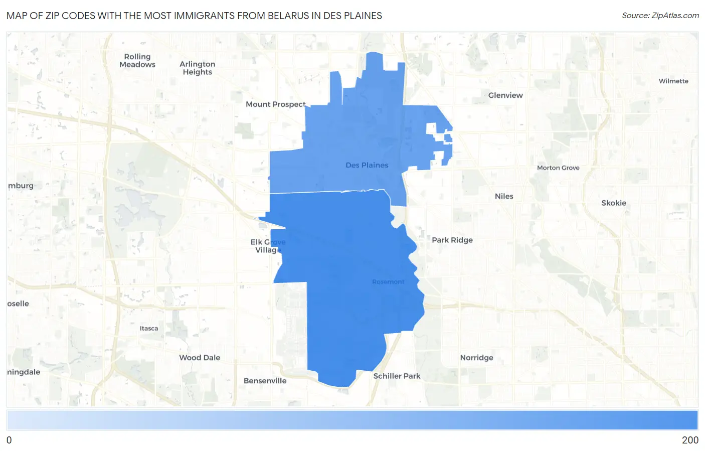Zip Codes with the Most Immigrants from Belarus in Des Plaines Map