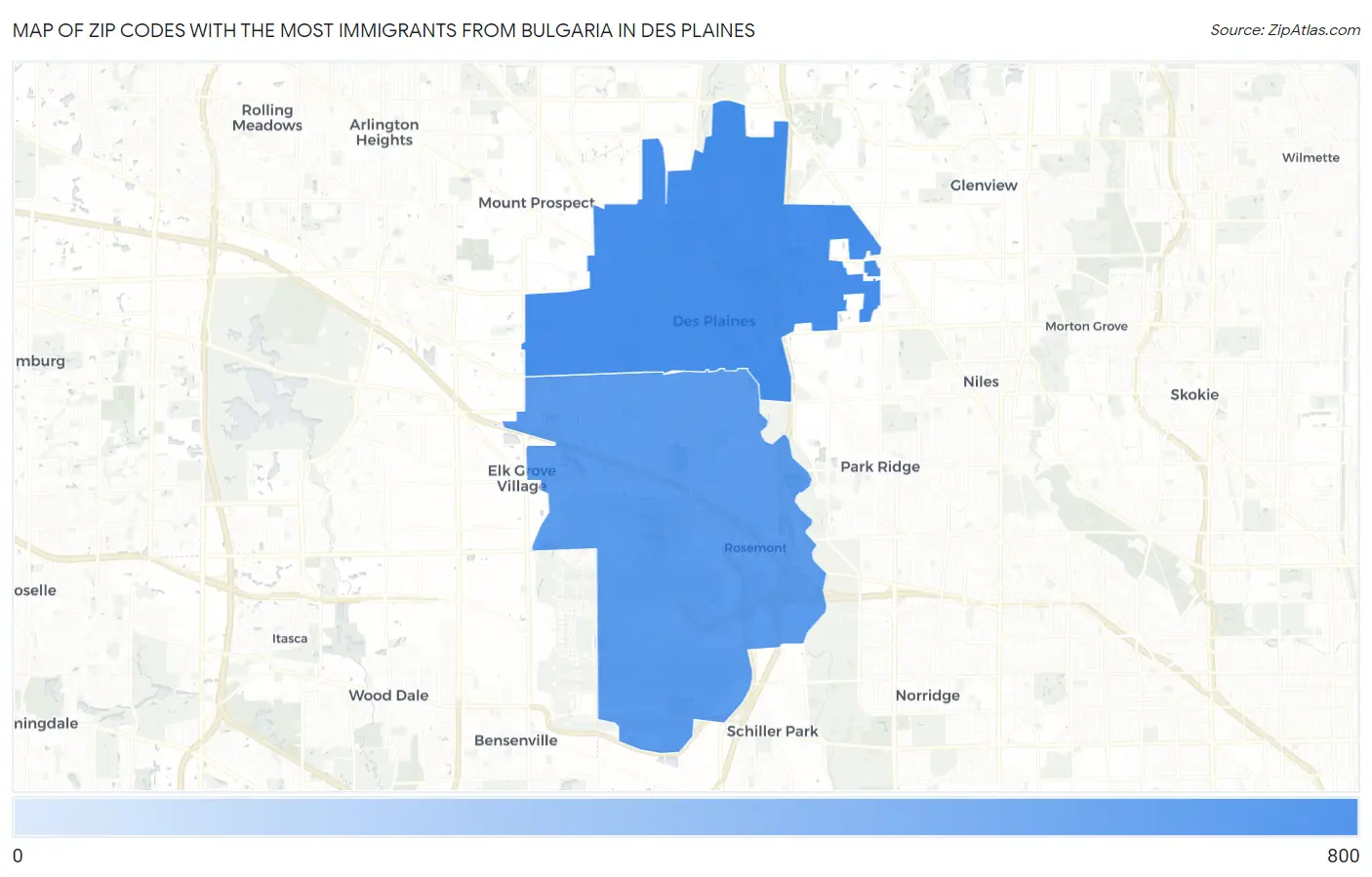 Zip Codes with the Most Immigrants from Bulgaria in Des Plaines Map