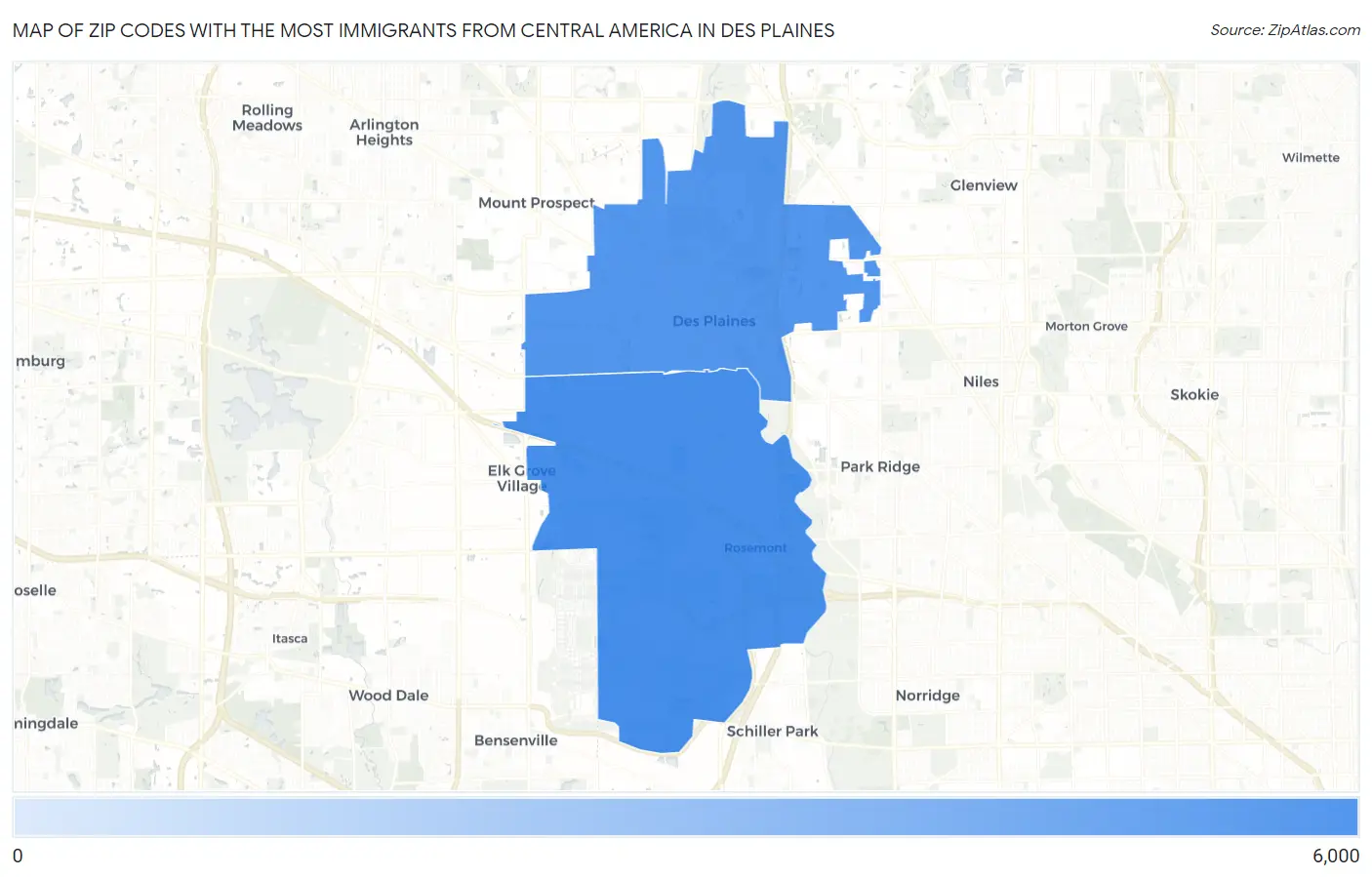 Zip Codes with the Most Immigrants from Central America in Des Plaines Map