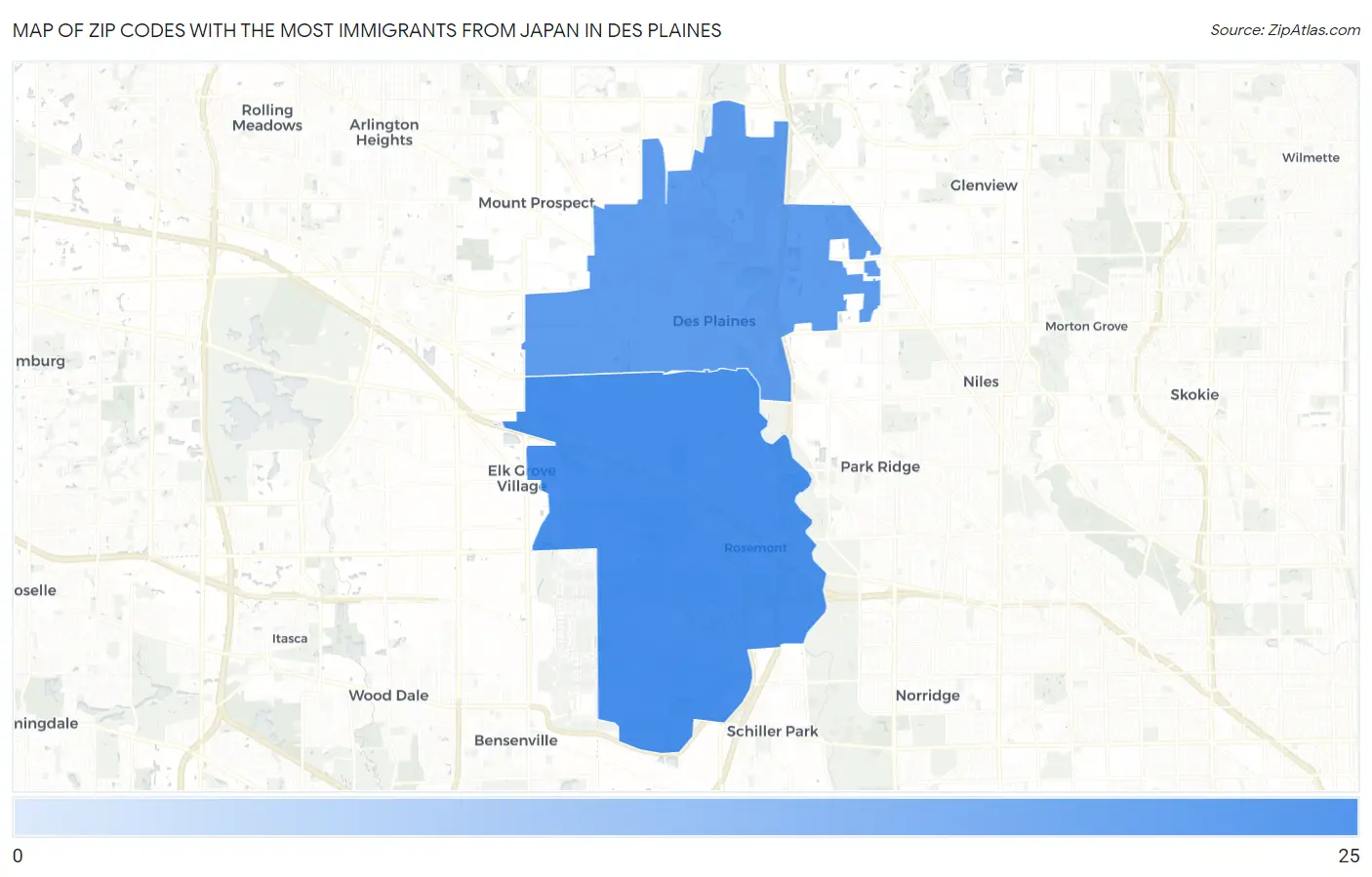 Zip Codes with the Most Immigrants from Japan in Des Plaines Map