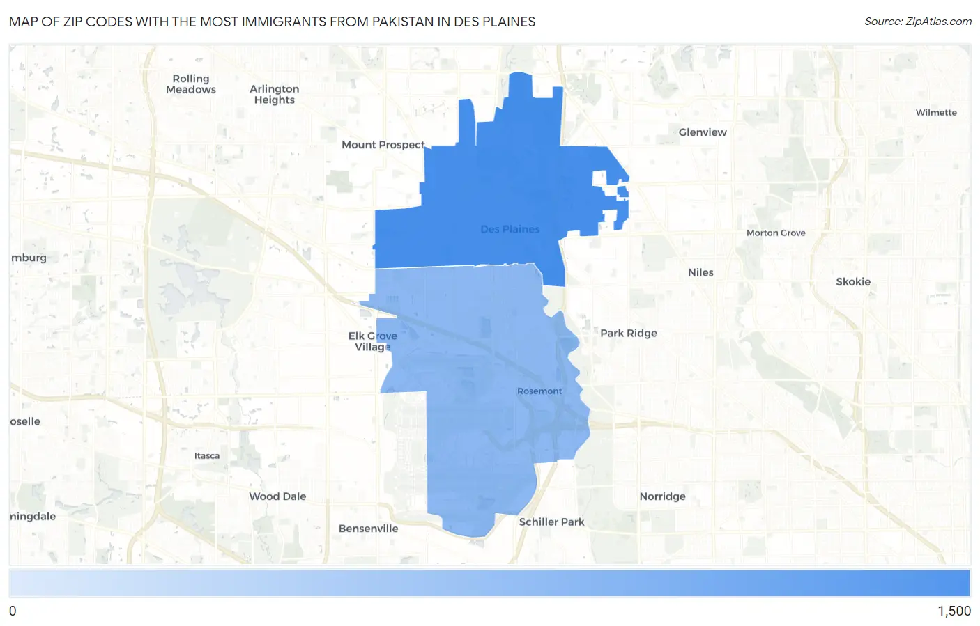 Zip Codes with the Most Immigrants from Pakistan in Des Plaines Map