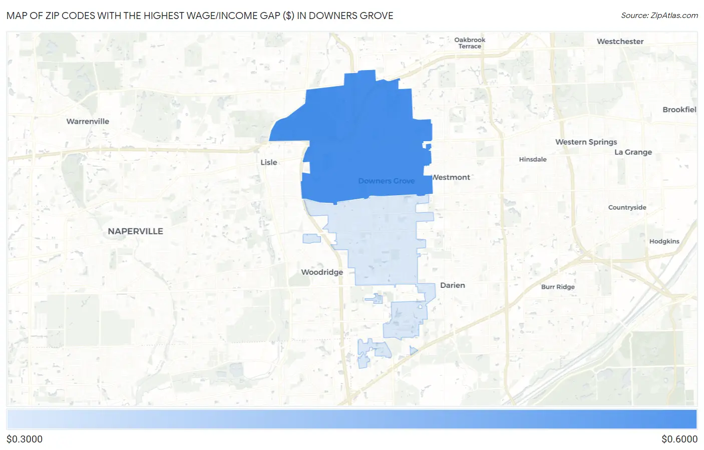 Zip Codes with the Highest Wage/Income Gap ($) in Downers Grove Map
