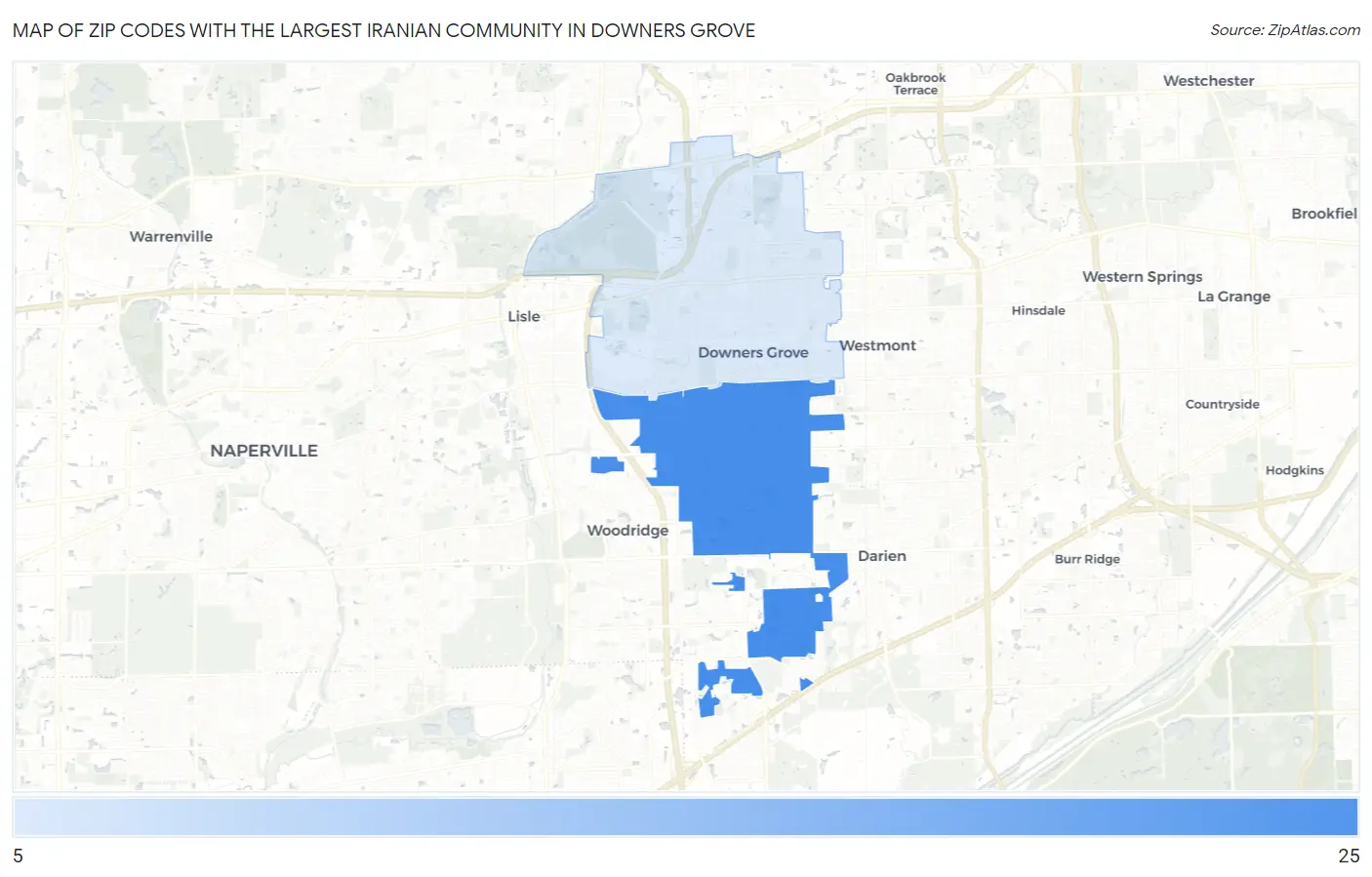 Zip Codes with the Largest Iranian Community in Downers Grove Map