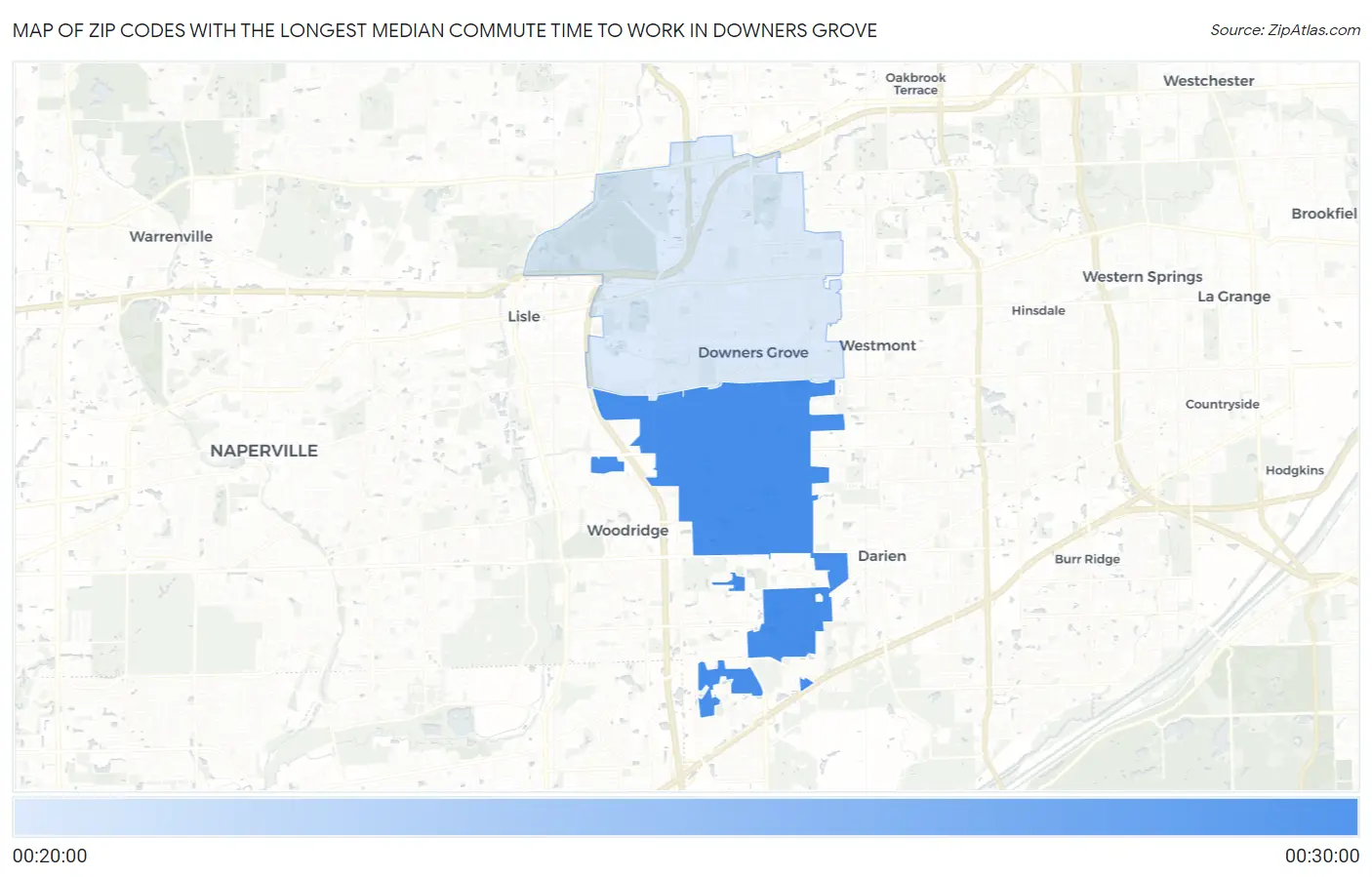 Zip Codes with the Longest Median Commute Time to Work in Downers Grove Map