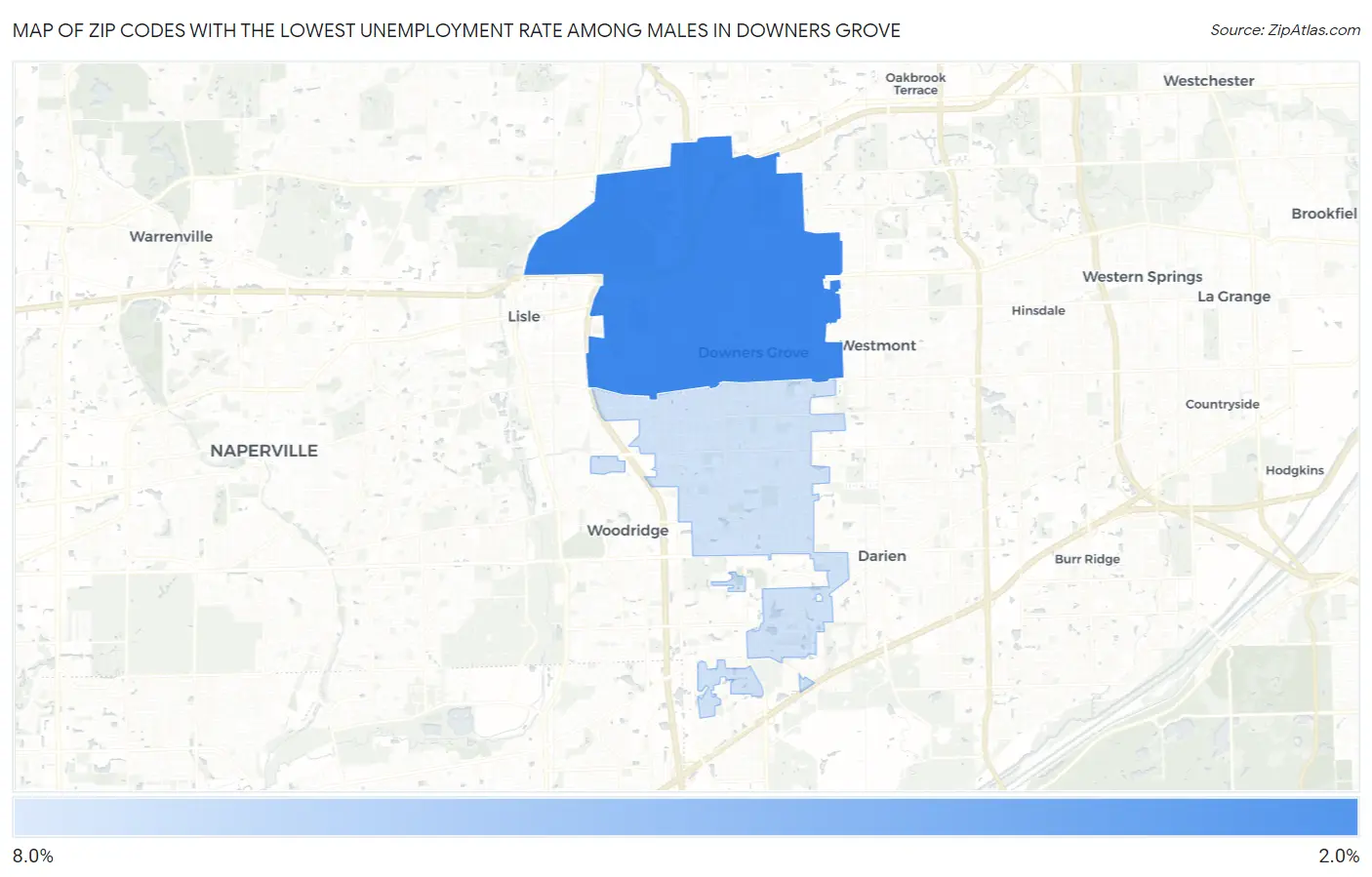 Zip Codes with the Lowest Unemployment Rate Among Males in Downers Grove Map