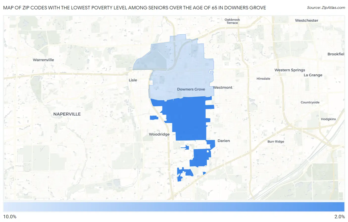 Zip Codes with the Lowest Poverty Level Among Seniors Over the Age of 65 in Downers Grove Map