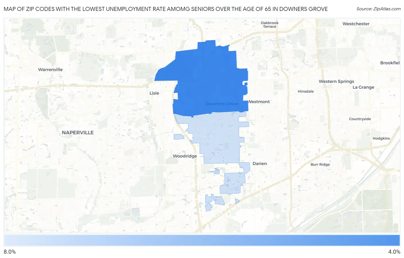 Zip Codes with the Lowest Unemployment Rate Amomg Seniors Over the Age of 65 in Downers Grove Map