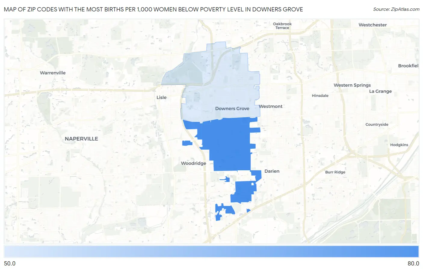 Zip Codes with the Most Births per 1,000 Women Below Poverty Level in Downers Grove Map