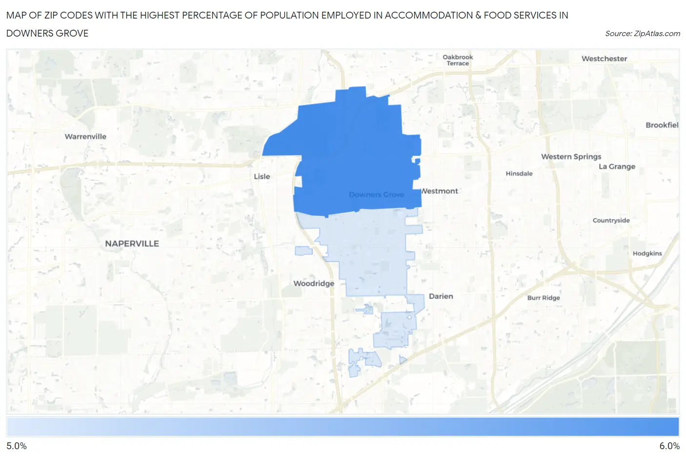 Zip Codes with the Highest Percentage of Population Employed in Accommodation & Food Services in Downers Grove Map