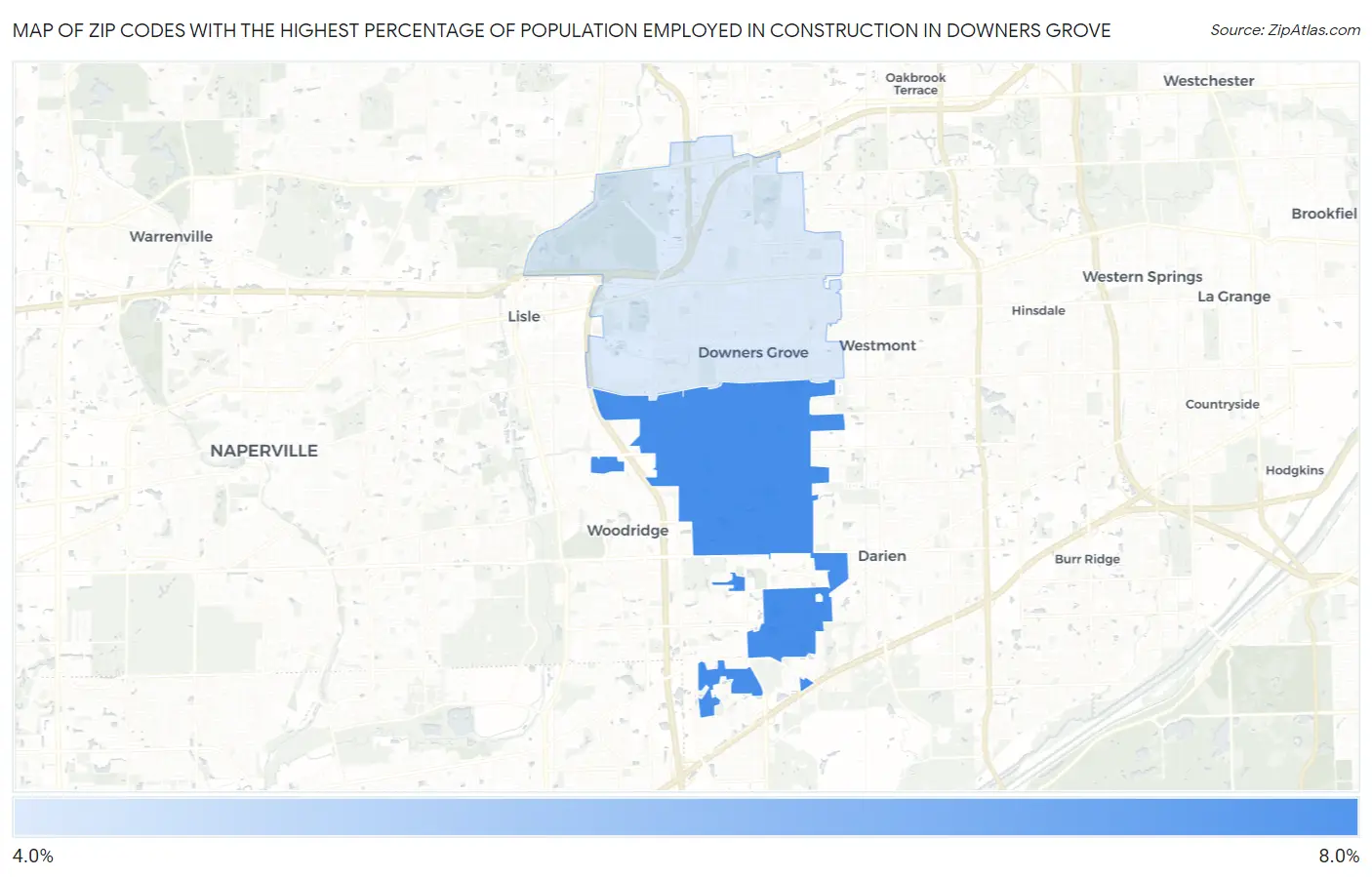 Zip Codes with the Highest Percentage of Population Employed in Construction in Downers Grove Map