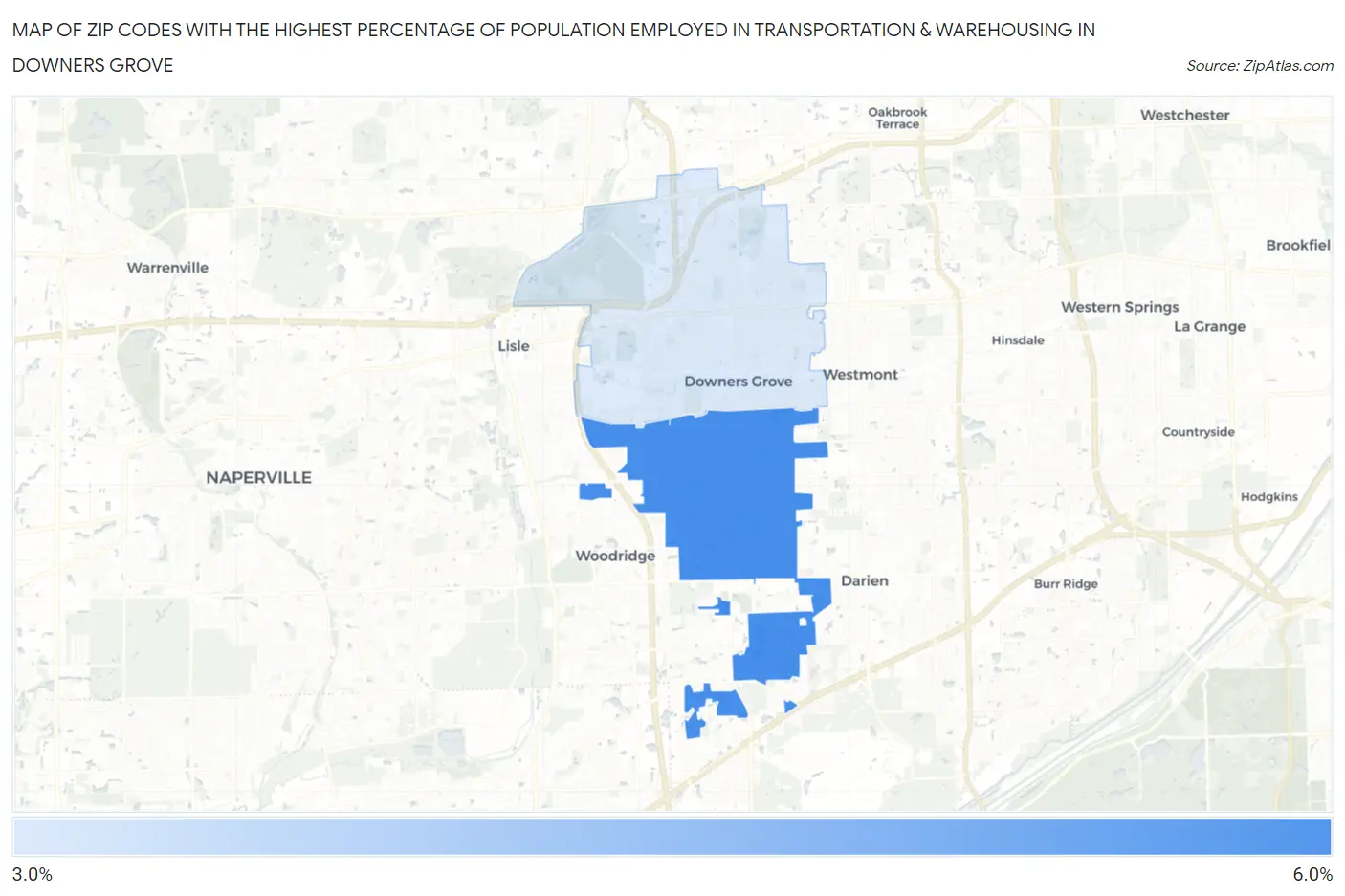 Zip Codes with the Highest Percentage of Population Employed in Transportation & Warehousing in Downers Grove Map