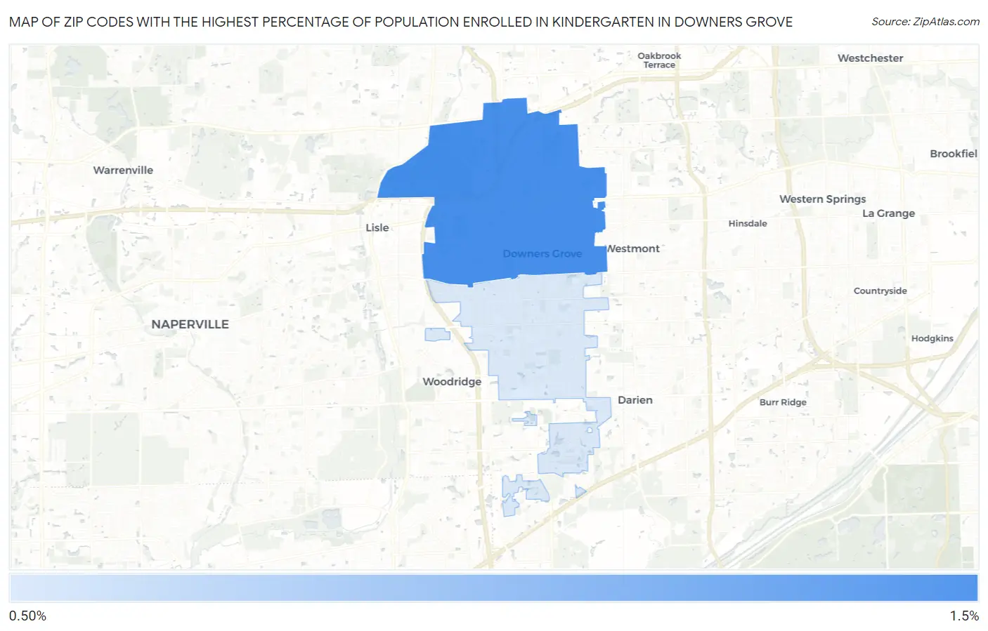 Zip Codes with the Highest Percentage of Population Enrolled in Kindergarten in Downers Grove Map