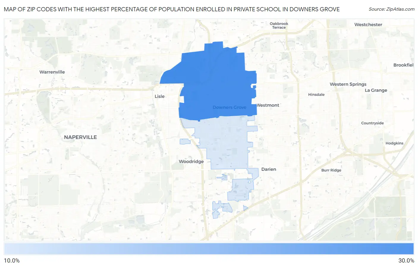 Zip Codes with the Highest Percentage of Population Enrolled in Private School in Downers Grove Map