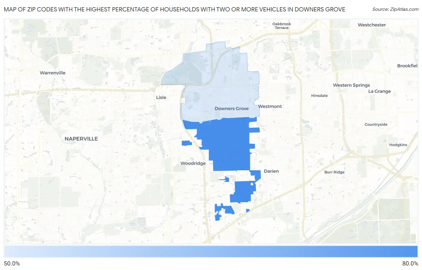 Zip Codes with the Highest Percentage of Households With Two or more Vehicles in Downers Grove Map