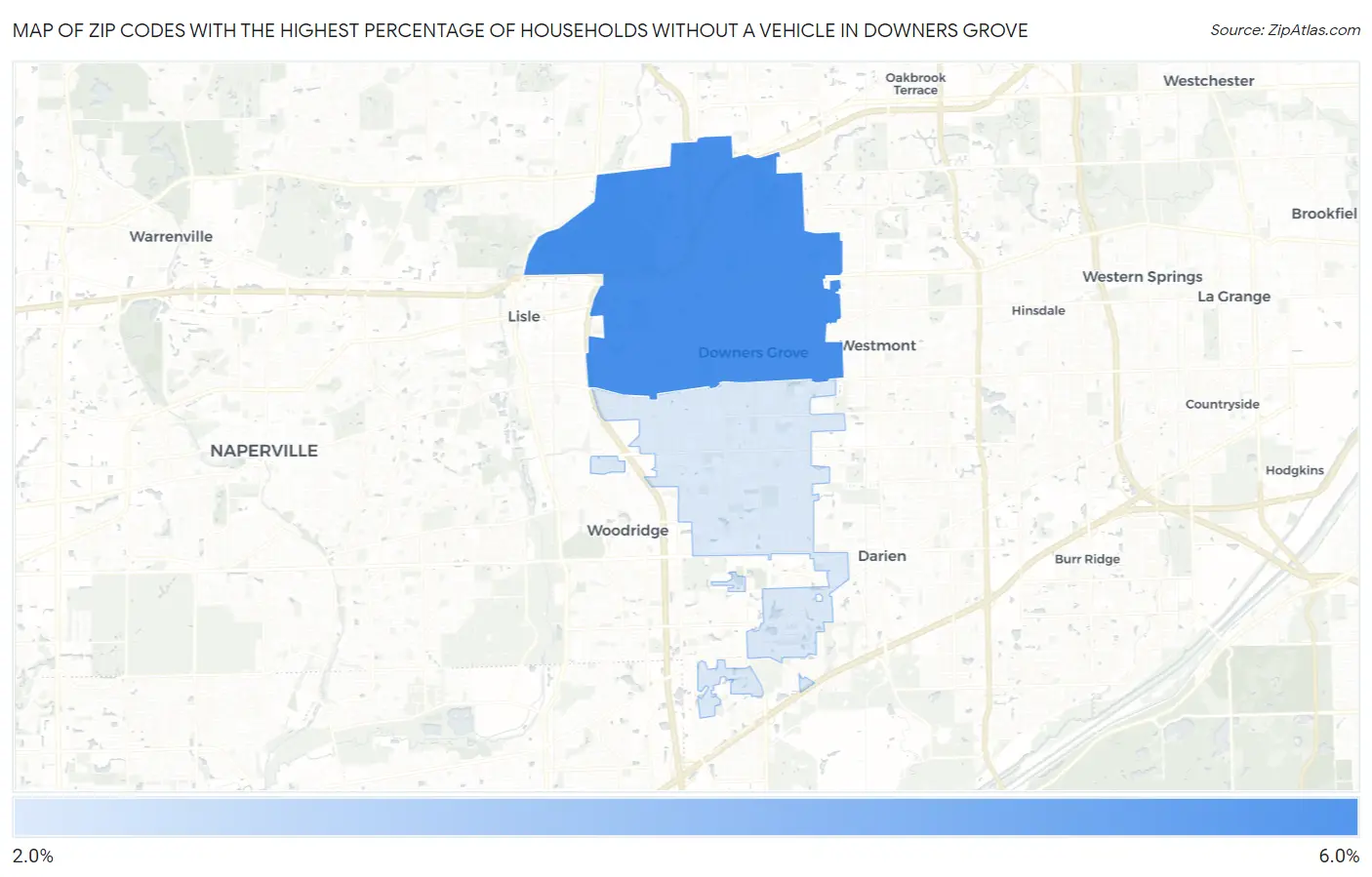Zip Codes with the Highest Percentage of Households Without a Vehicle in Downers Grove Map