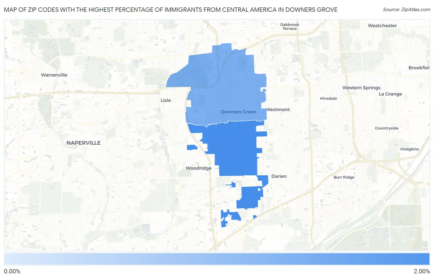 Zip Codes with the Highest Percentage of Immigrants from Central America in Downers Grove Map