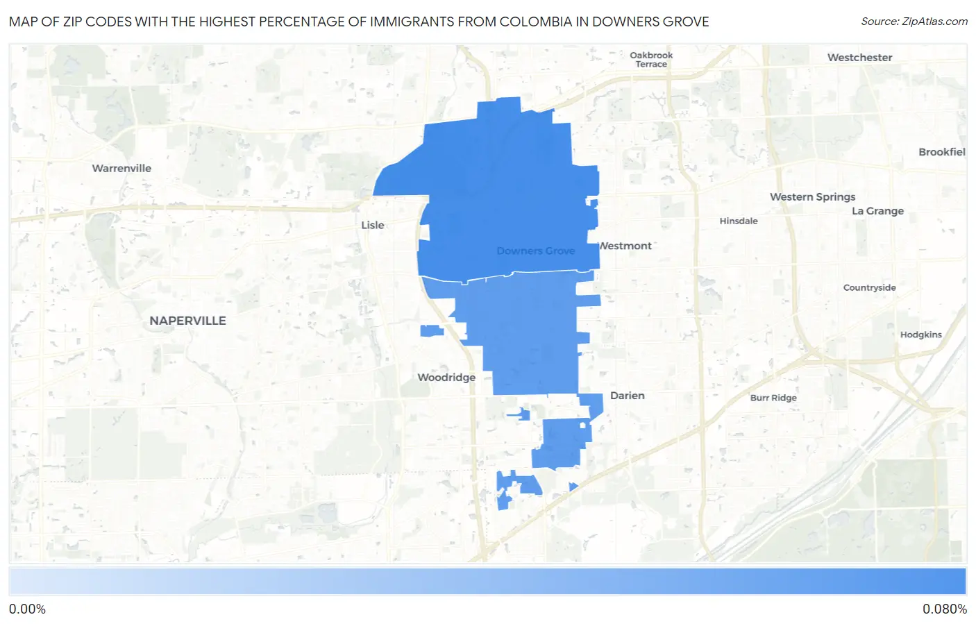 Zip Codes with the Highest Percentage of Immigrants from Colombia in Downers Grove Map