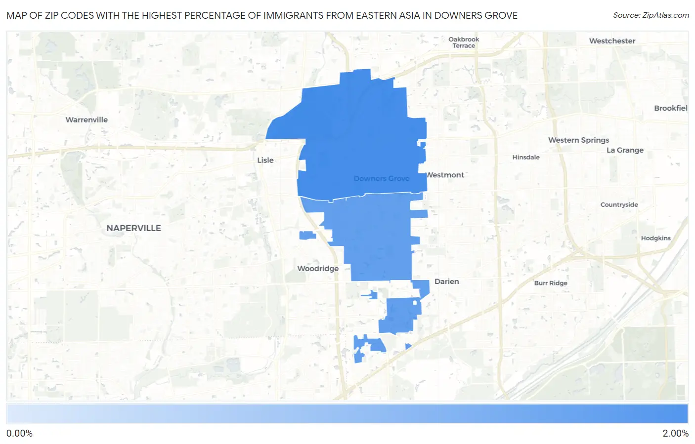 Zip Codes with the Highest Percentage of Immigrants from Eastern Asia in Downers Grove Map