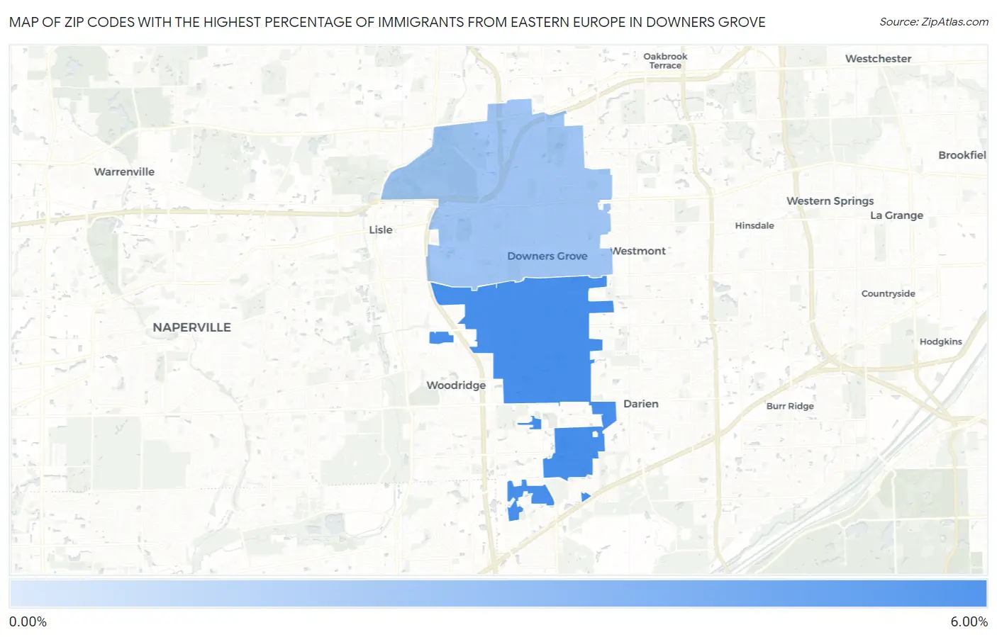Zip Codes with the Highest Percentage of Immigrants from Eastern Europe in Downers Grove Map