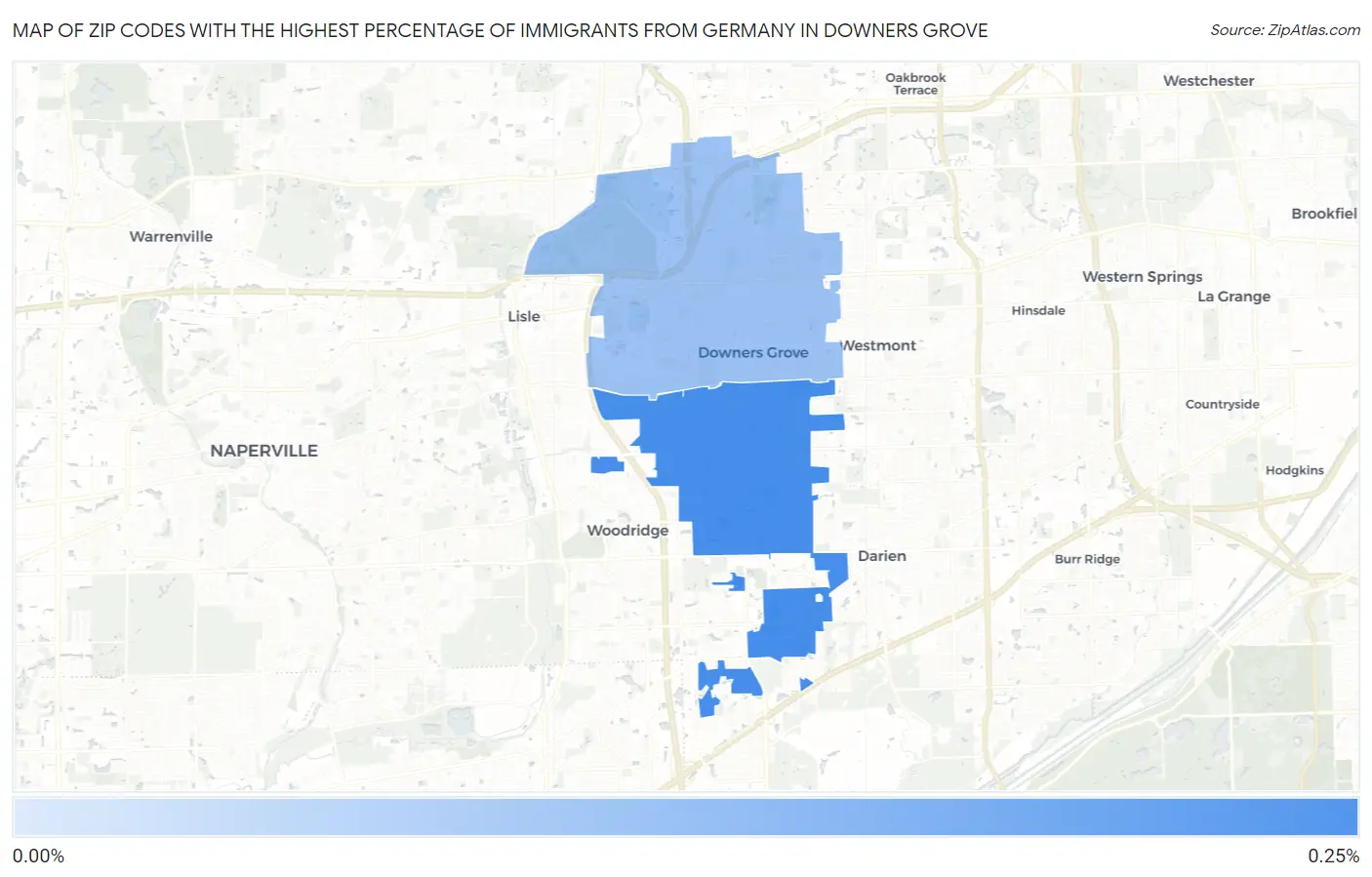 Zip Codes with the Highest Percentage of Immigrants from Germany in Downers Grove Map