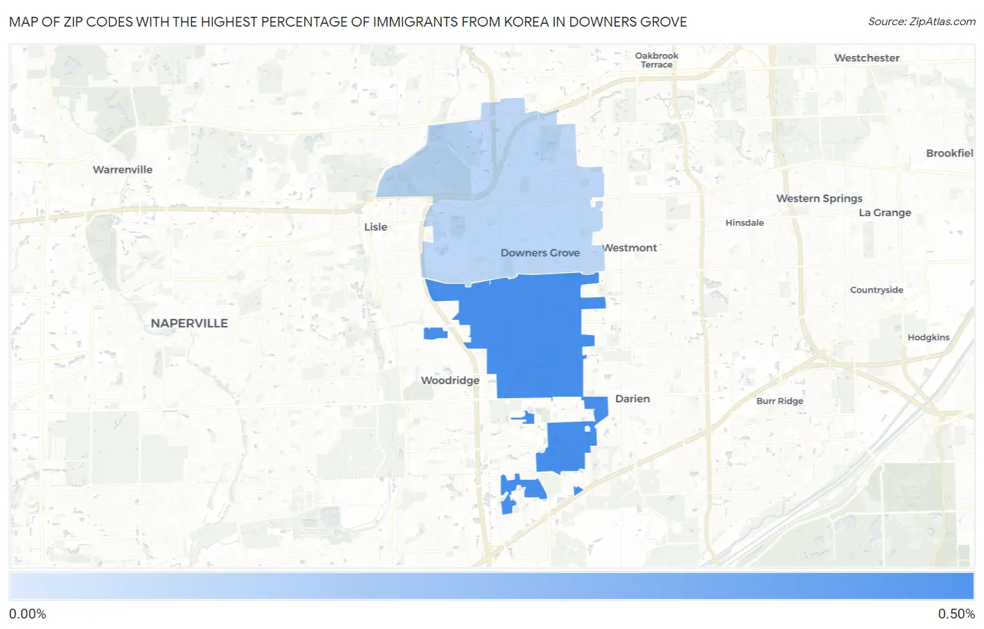 Zip Codes with the Highest Percentage of Immigrants from Korea in Downers Grove Map