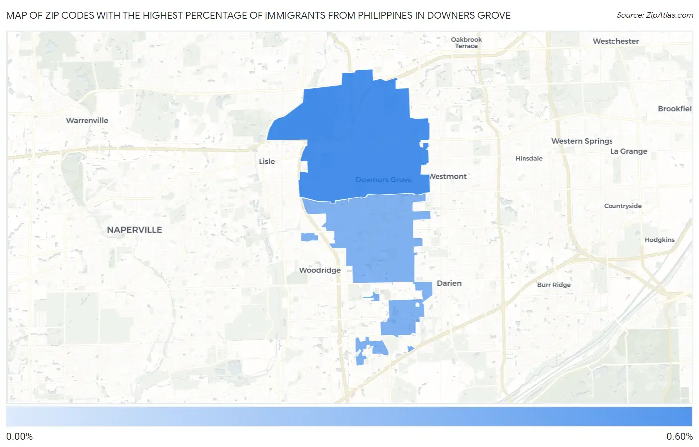 Zip Codes with the Highest Percentage of Immigrants from Philippines in Downers Grove Map