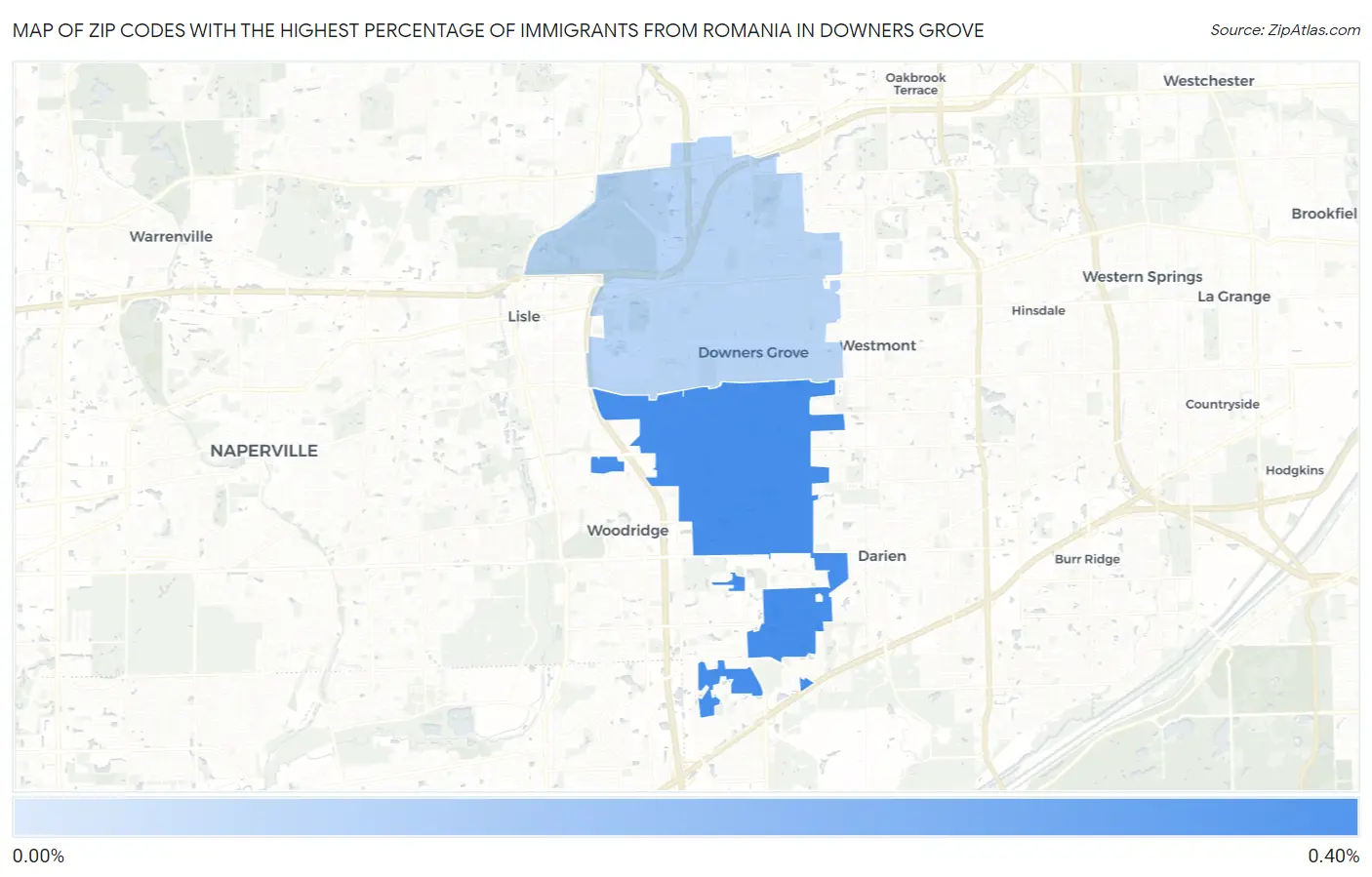 Zip Codes with the Highest Percentage of Immigrants from Romania in Downers Grove Map
