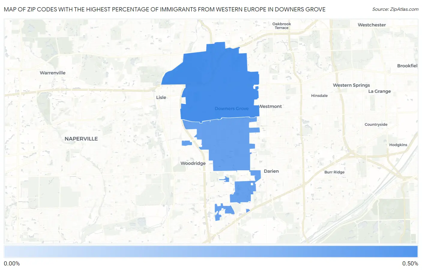 Zip Codes with the Highest Percentage of Immigrants from Western Europe in Downers Grove Map