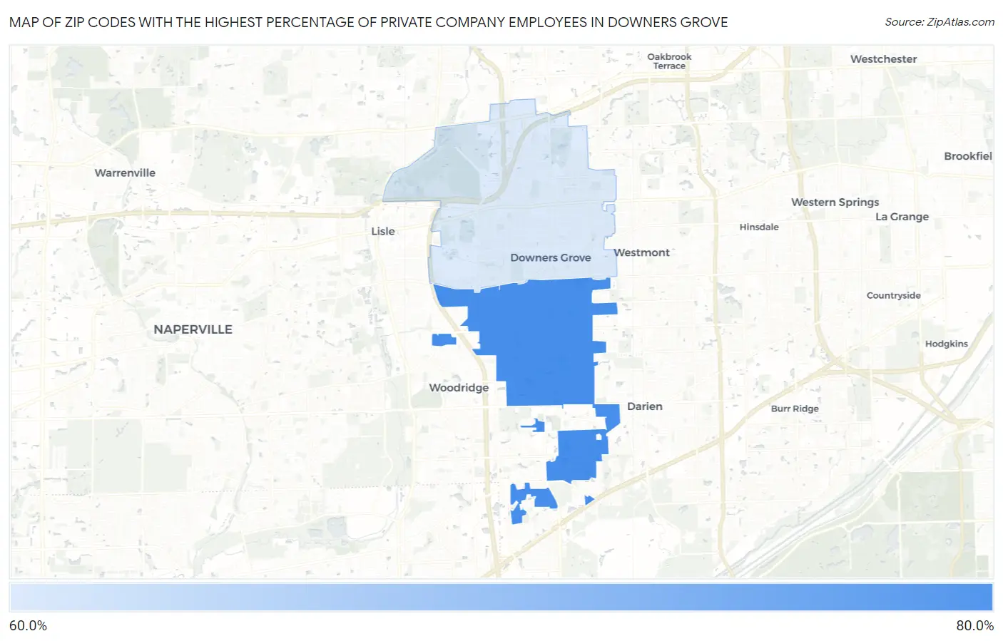 Zip Codes with the Highest Percentage of Private Company Employees in Downers Grove Map