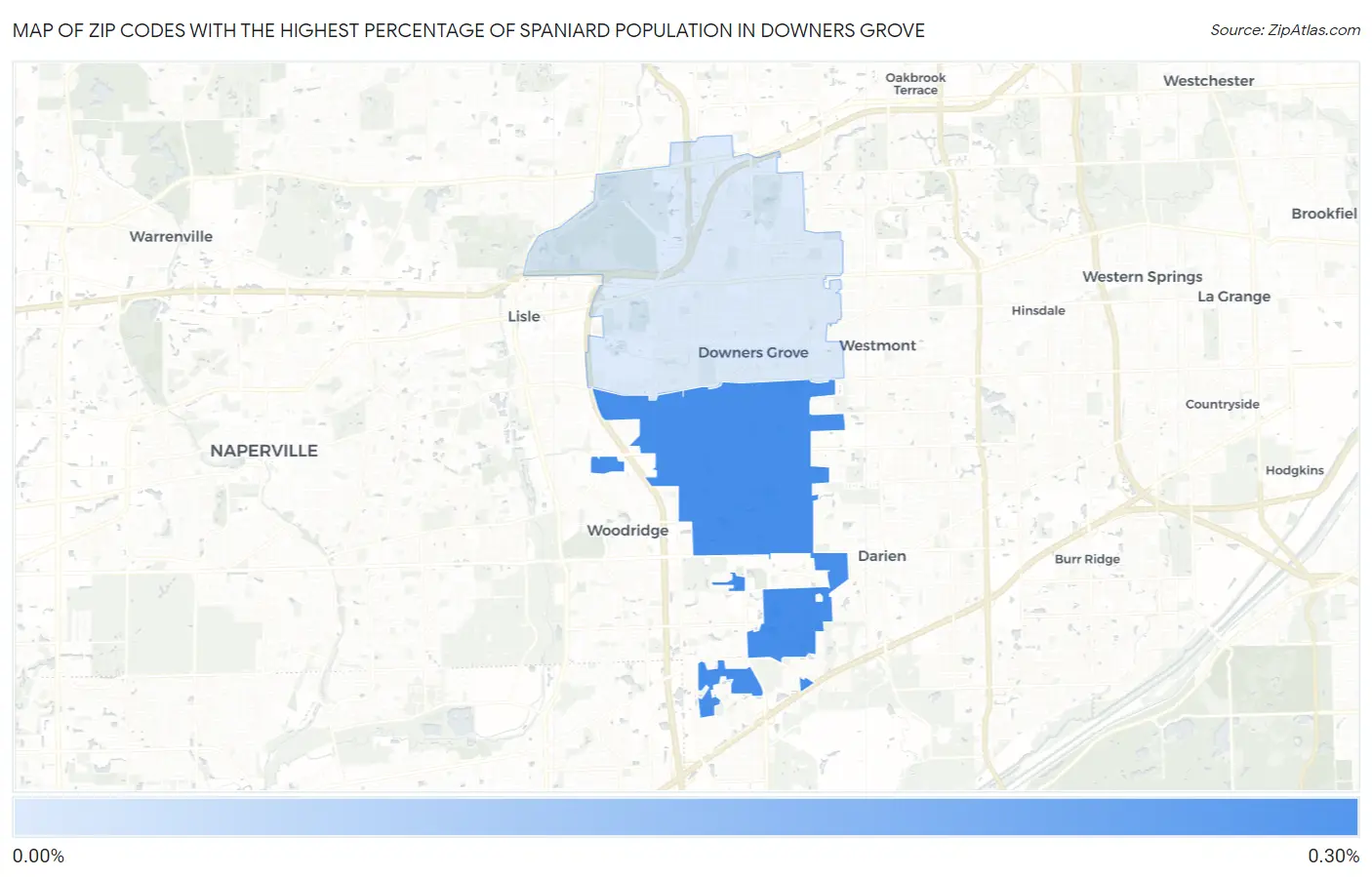 Zip Codes with the Highest Percentage of Spaniard Population in Downers Grove Map