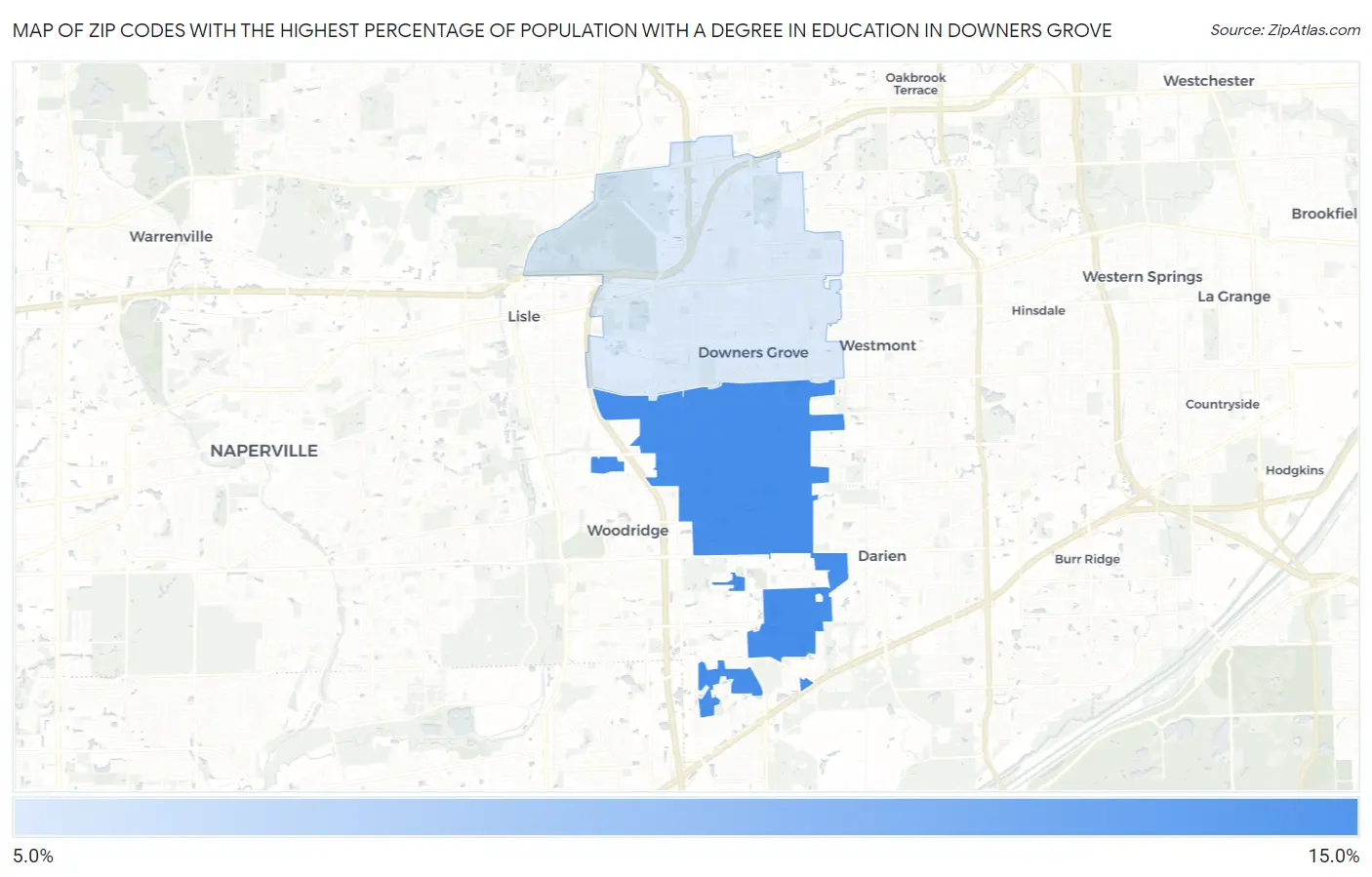 Zip Codes with the Highest Percentage of Population with a Degree in Education in Downers Grove Map