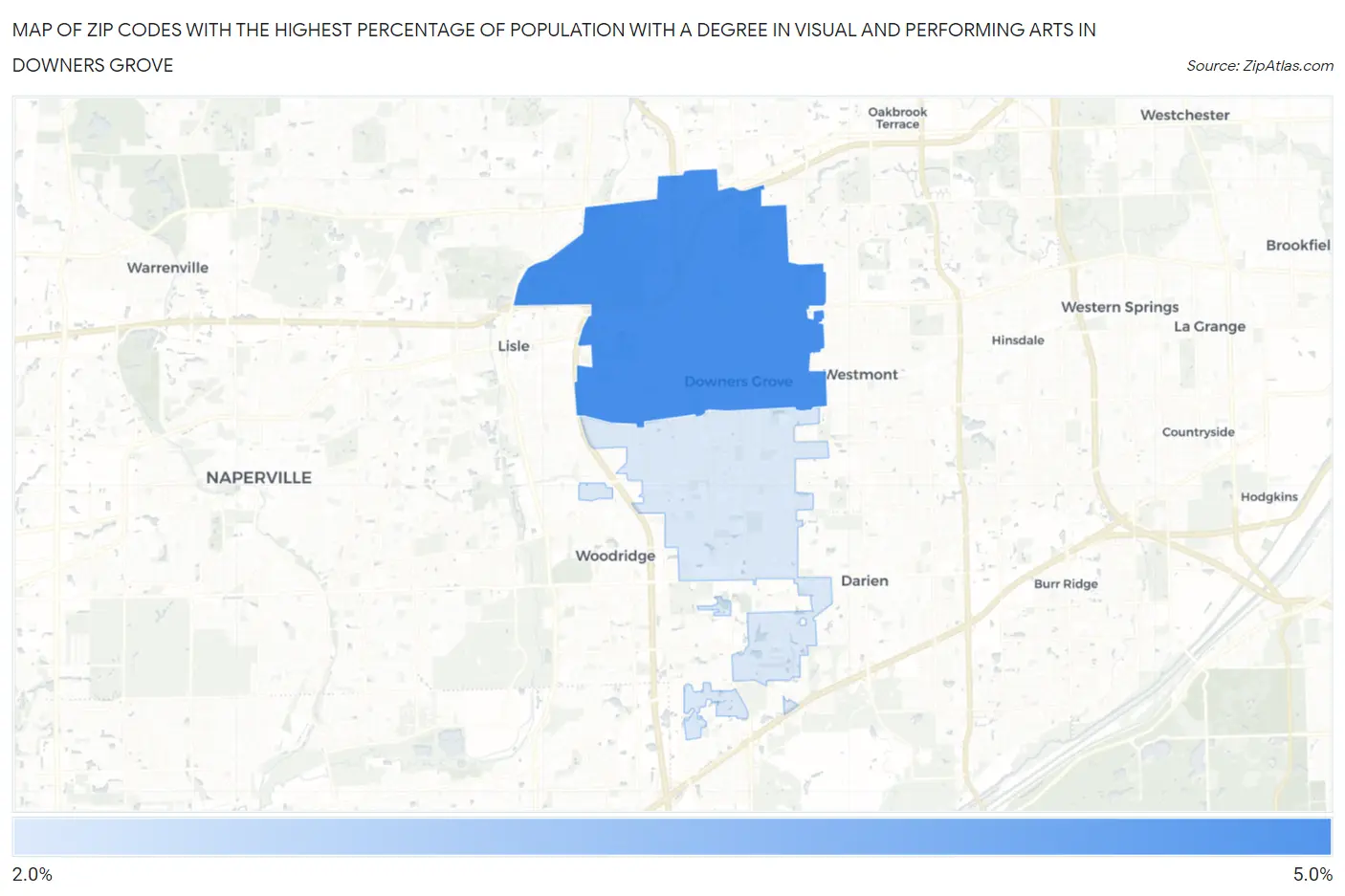 Zip Codes with the Highest Percentage of Population with a Degree in Visual and Performing Arts in Downers Grove Map